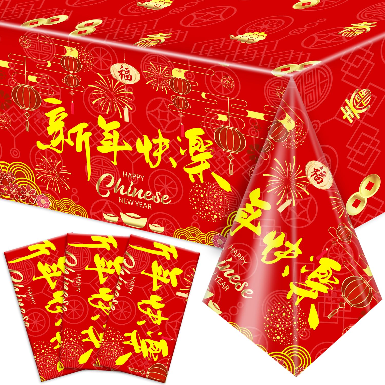 Labeol Chinese New Year Decorations 2025, 3 PCS Chinese New Year Tablecloth, 54"x108" Disposable Plastic Rectangle Happy Chinese New Year Table Cover for Chinese Spring Festival Party Decorations