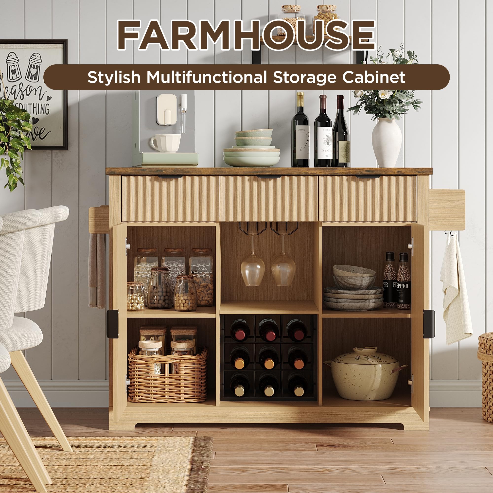 Maupvit 50" Fluted Sideboard Cabinet with Foldable Tabletop, Mobile Buffet Storage Cabinet with 2 Adjustable Cabinets, 3 Drawers, Wine & Glass Rack for Kitchen Dining Room,Natural