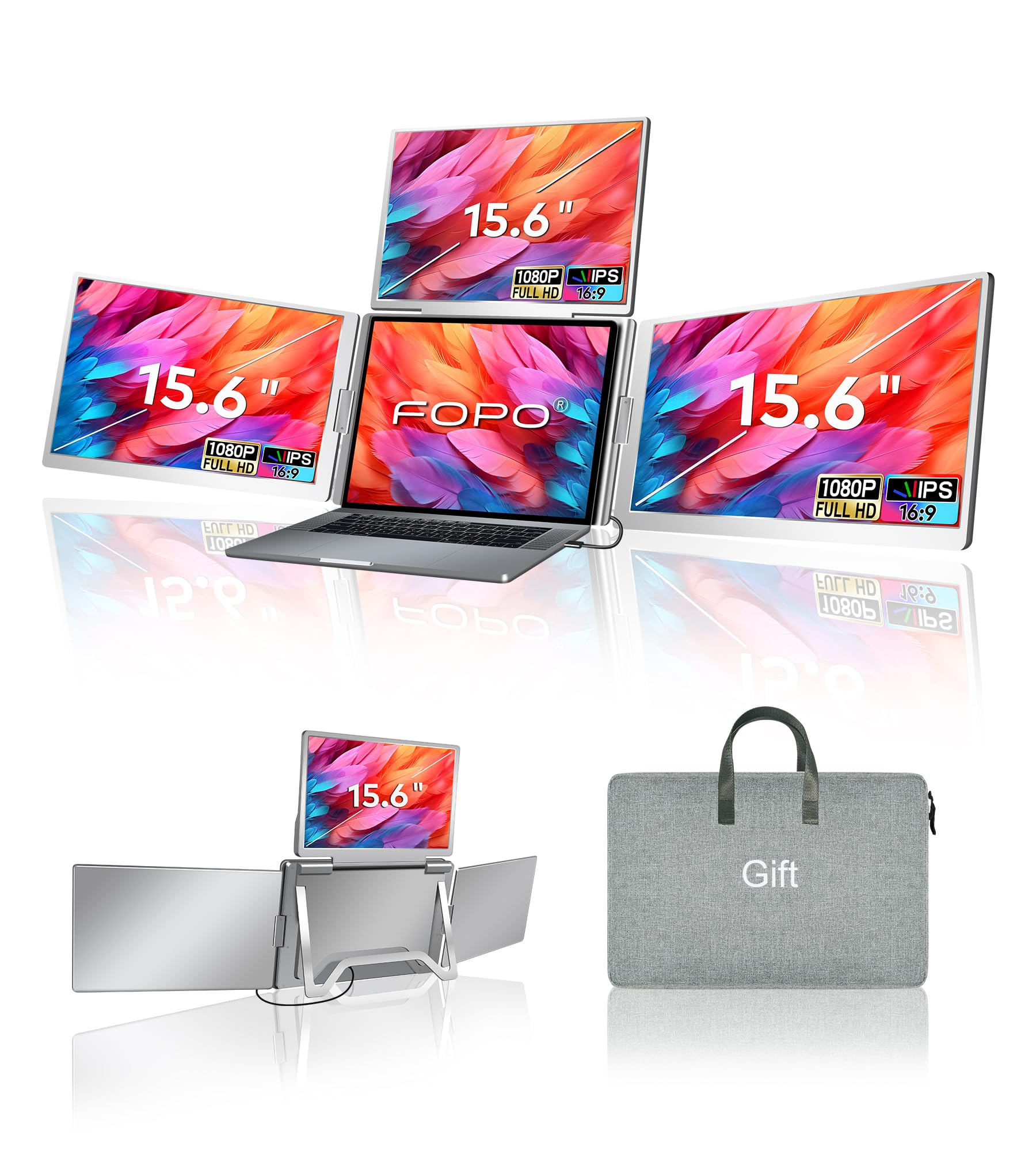 FOPO 15.6" Laptop Screen Extender Monitor Portable, Quad Monitor, Just 1 Cable for 3 Screens, FHD 1080P IPS Laptop Extender Compatible with Wins/Mac for 13.6" ~ 17.3" Laptops