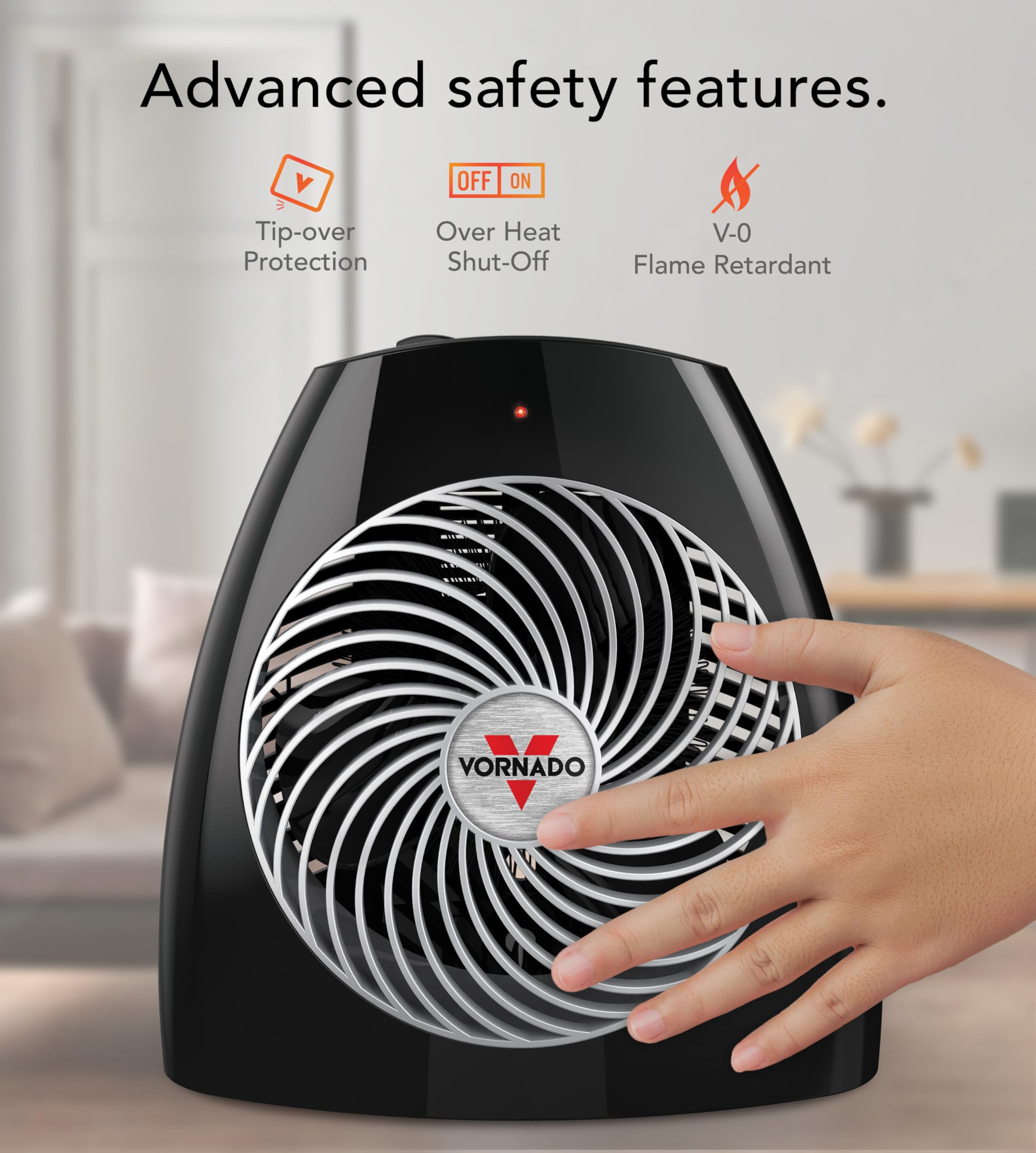 Vornado MVH Space Heater 3 Heat Settings Adjustable Thermostat Tip-Over Protection Auto Safety Shut-Off System Indoor Use Whole Room Black