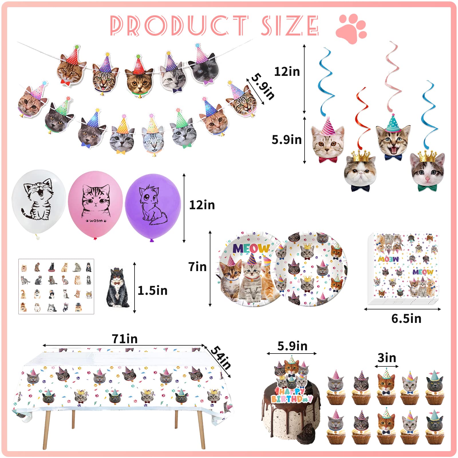 137PCS Cat Birthday Party Supplies Serves 20 Guests Kitten Birthday Party Decorations Plates Banner Napkins Balloons Tablecloth Cake Toppers for Cats Themed Birthday Parties Supplies