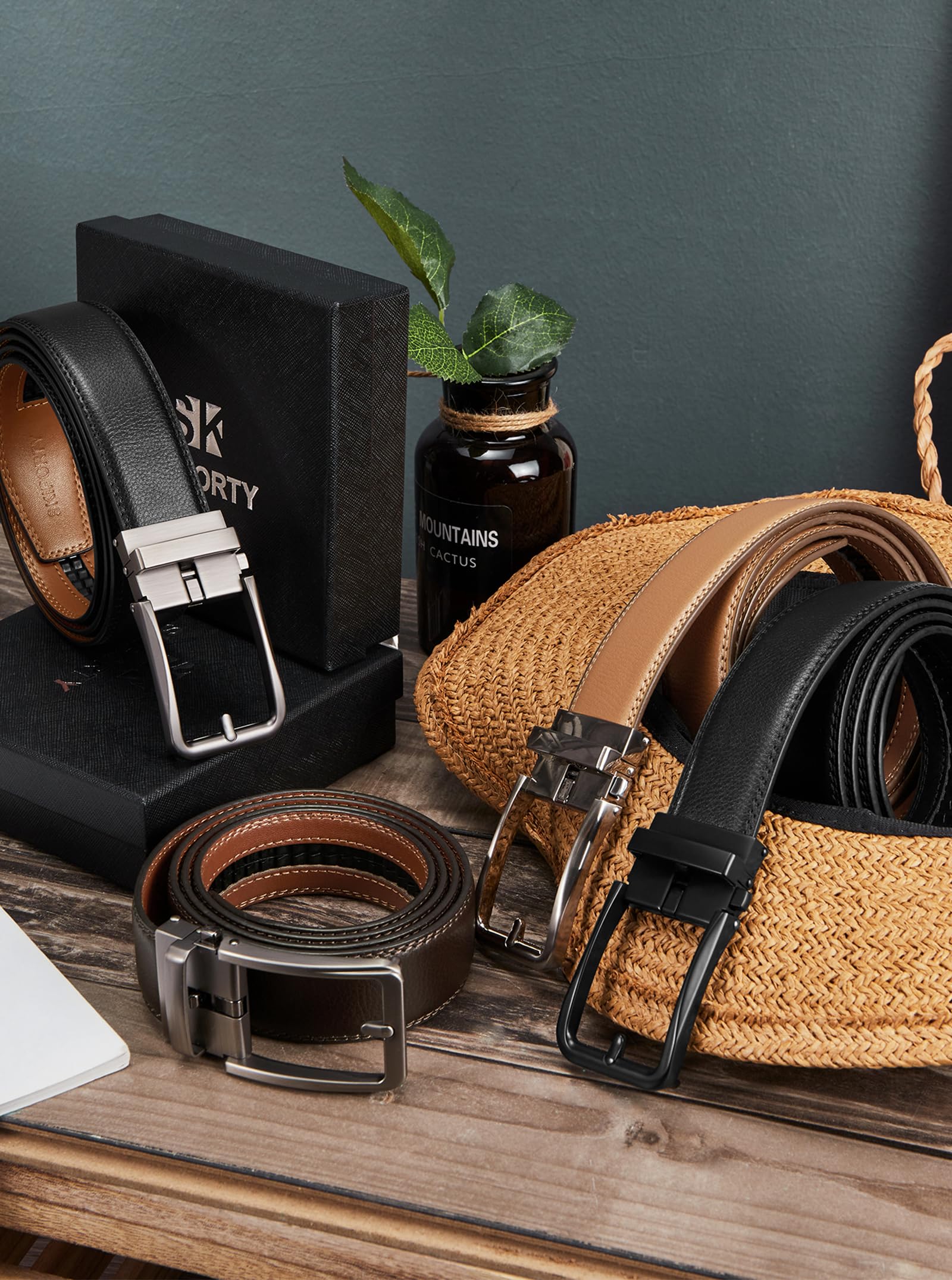 SKiporty Men's Ratchet Belts Leather Comfort Adjustable Click Belt With Slide Buckle for Men Casual Work Jeans Gifts Box