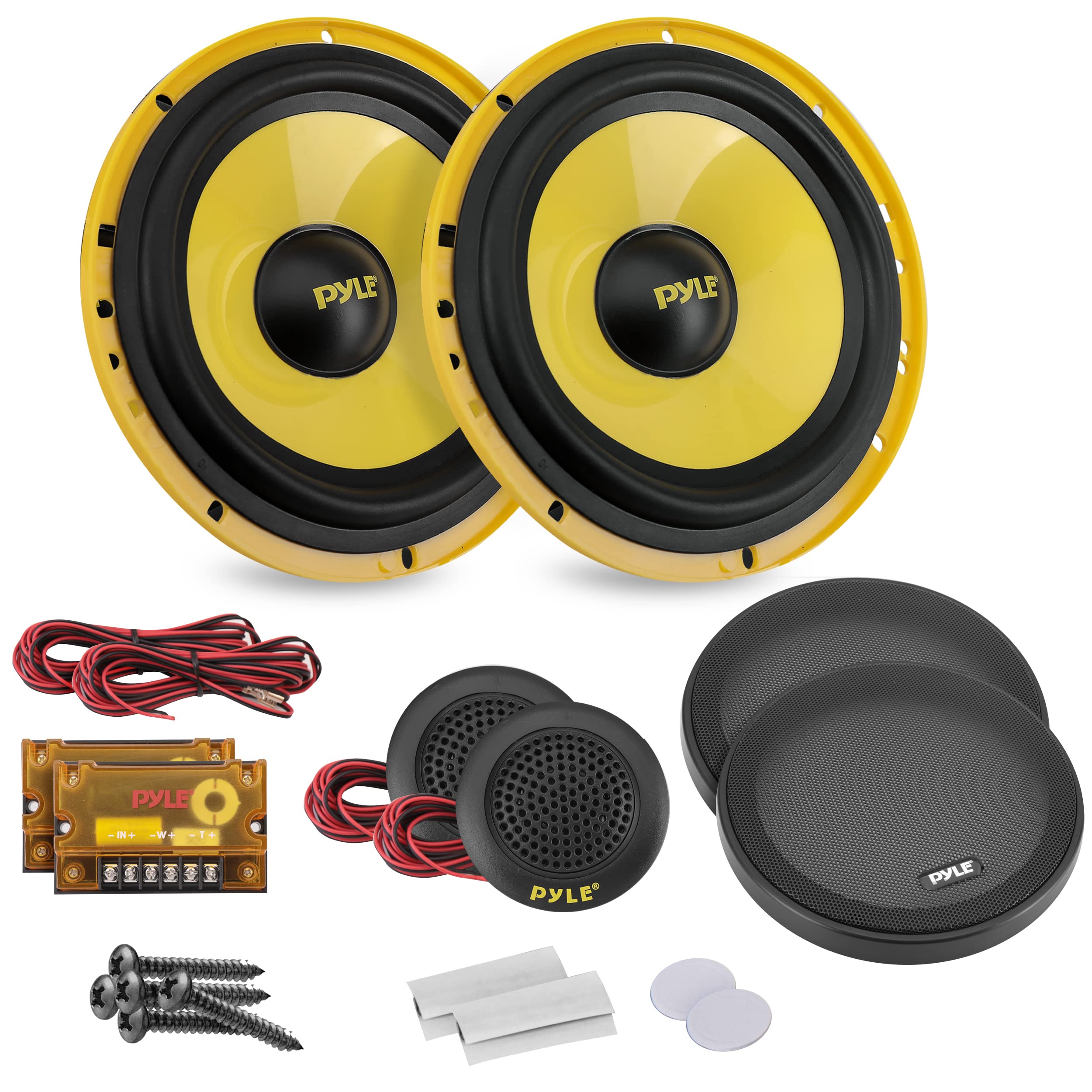 Pyle 2 Way Custom Component Speaker System - 6.5” 400 Watt, with Electroplated Plastic Basket, Butyl Rubber Surround & 40 Oz Magnet Structure - Wire Installation Hardware Set Included - PLG6C, Yellow