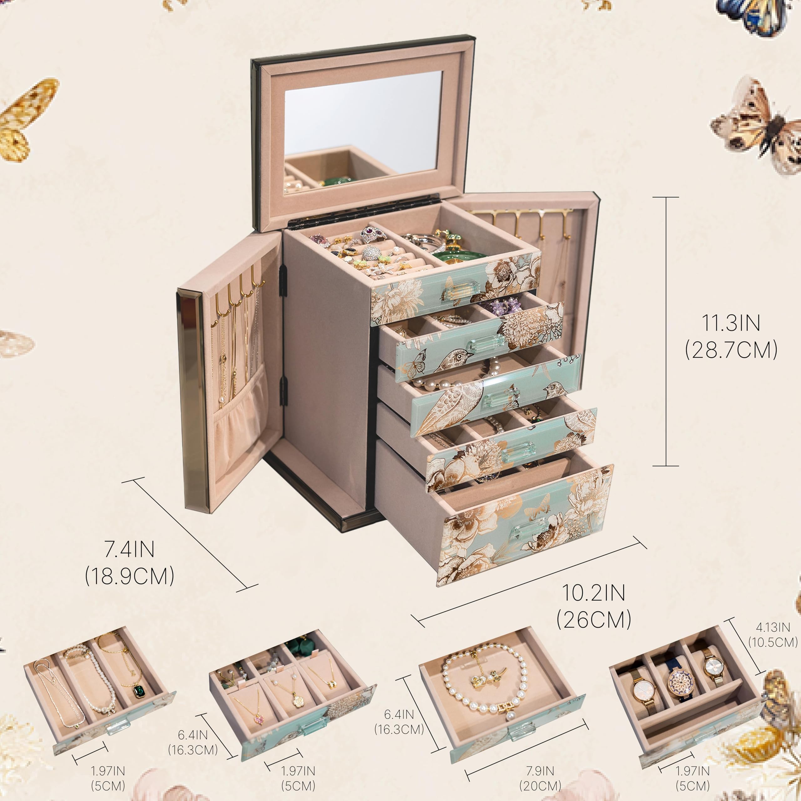 Homruilink High End Glass Jewelry Box, 5 Layer Jewelry Organizer for Women, Side Doors & Mirror, Velvet-Lined Storage for Rings & Necklaces, Fathers Day Gift for Dad (Bird & Floral)