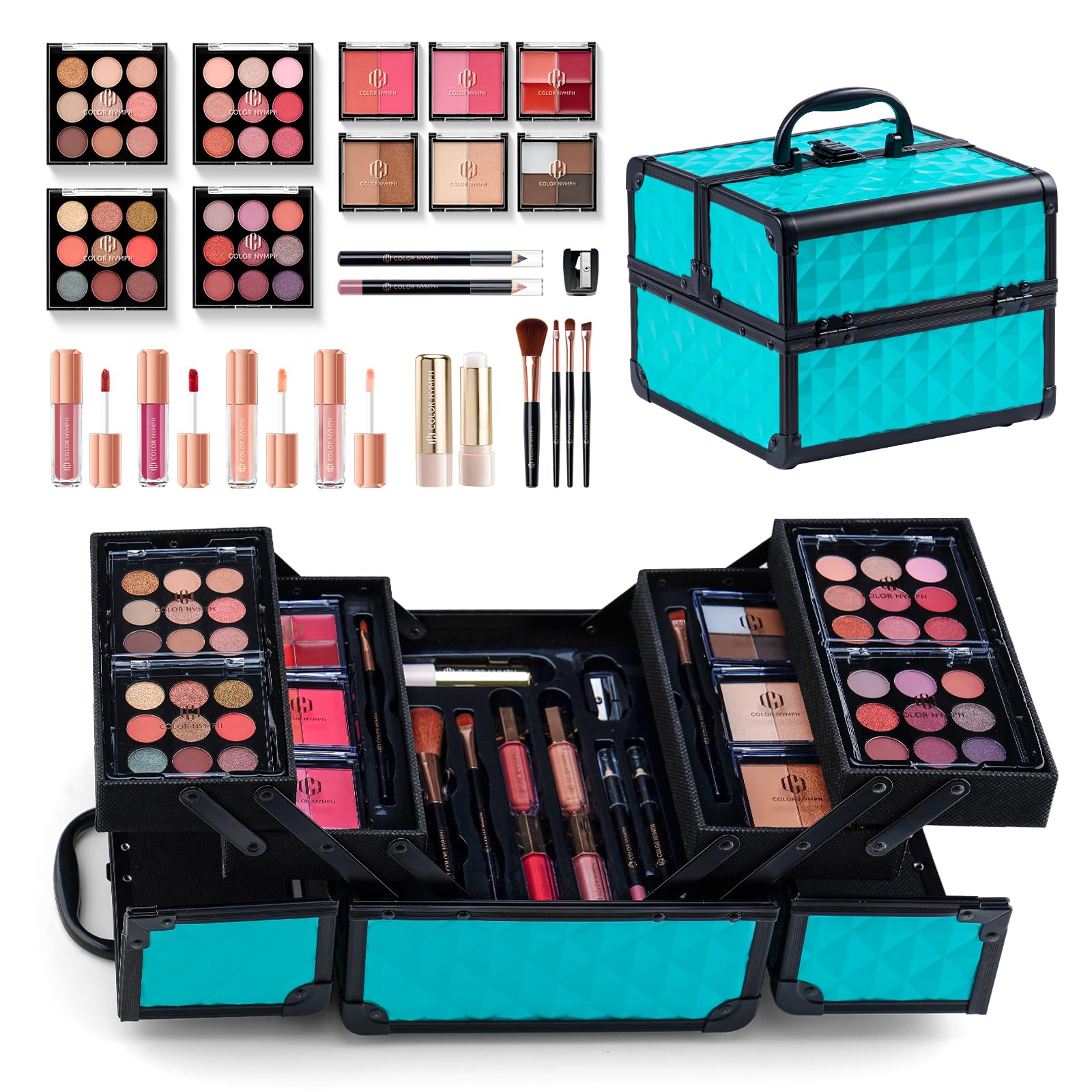 Color Nymph All In One Makeup Kit Comestics Gifts for Girls Teens, Travel Makeup Set 4 Trays Train Case for Beginner Includes Eyeshadow Highlighter Lipgloss Blush Concealer Brush Eyeliner Lipbalm