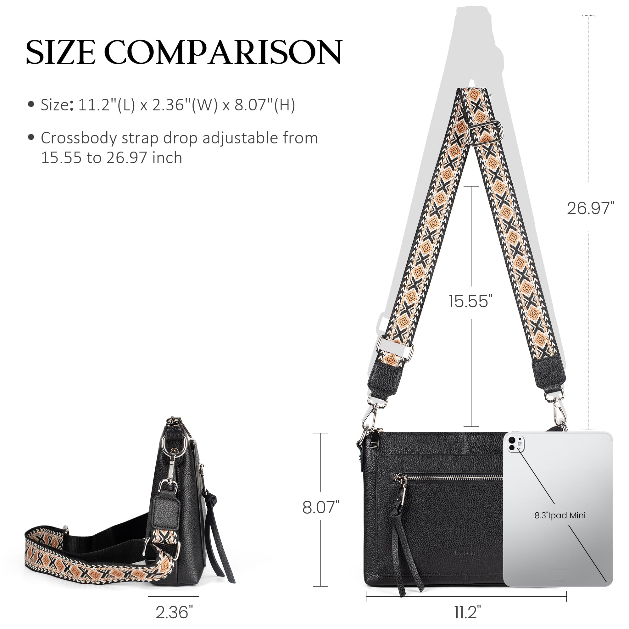 befen Genuine Leather Crossbody Bags for Women, Small Soft Leather Shoulder Bag Purse, Women's Cross body, Black Crossover Body Handbags with Adjustable Wide Guitar Strap