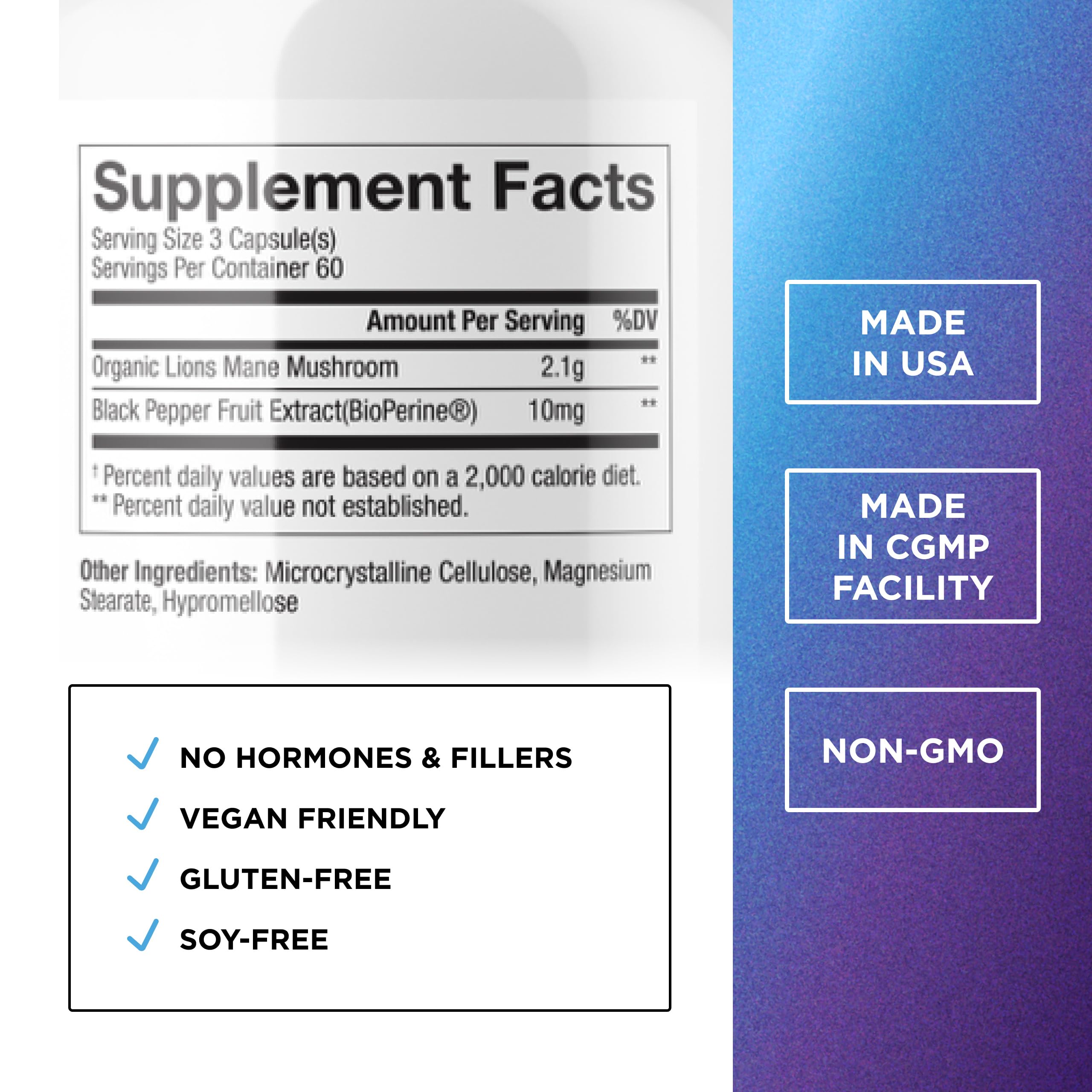 Organic Lions Mane Mushroom Supplement for Mental Clarity, Focus & Immune Support - Organic Brain Boosting Nootropic Lions Mane Mushroom Capsules with 100% Organic Lions Mane Extract, 60 Servings