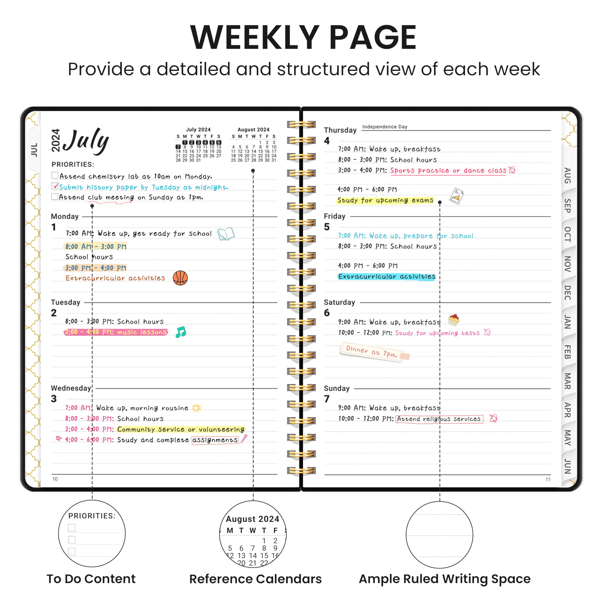 Academic Planner 2024-2025 For Women & Men, Monthly and Weekly Calender Planner, Jul 2024 - Jun 2025, A5 (6.3" x 8.5"), Teacher Planner 2024-2025 with Tabs, Ideal for Office School Supplies-Style1-Black