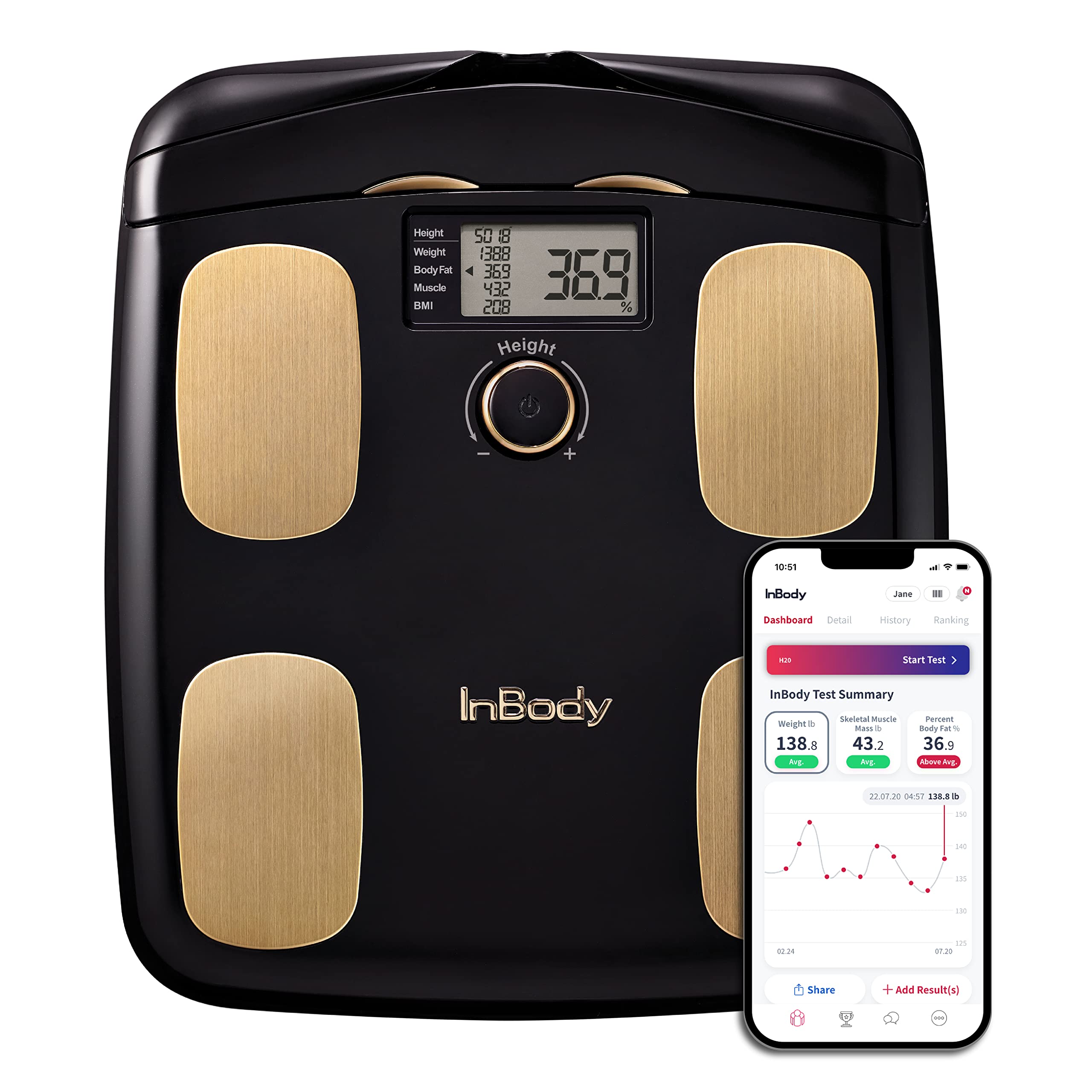 InBody Dial H20 Body Fat Scale - InBody Scale for Body Weight, Fat Percentage and Muscle Mass - Gym Accessory for Men & Women, Body Fat Measurement Device - Bluetooth-Connected, Midnight Black