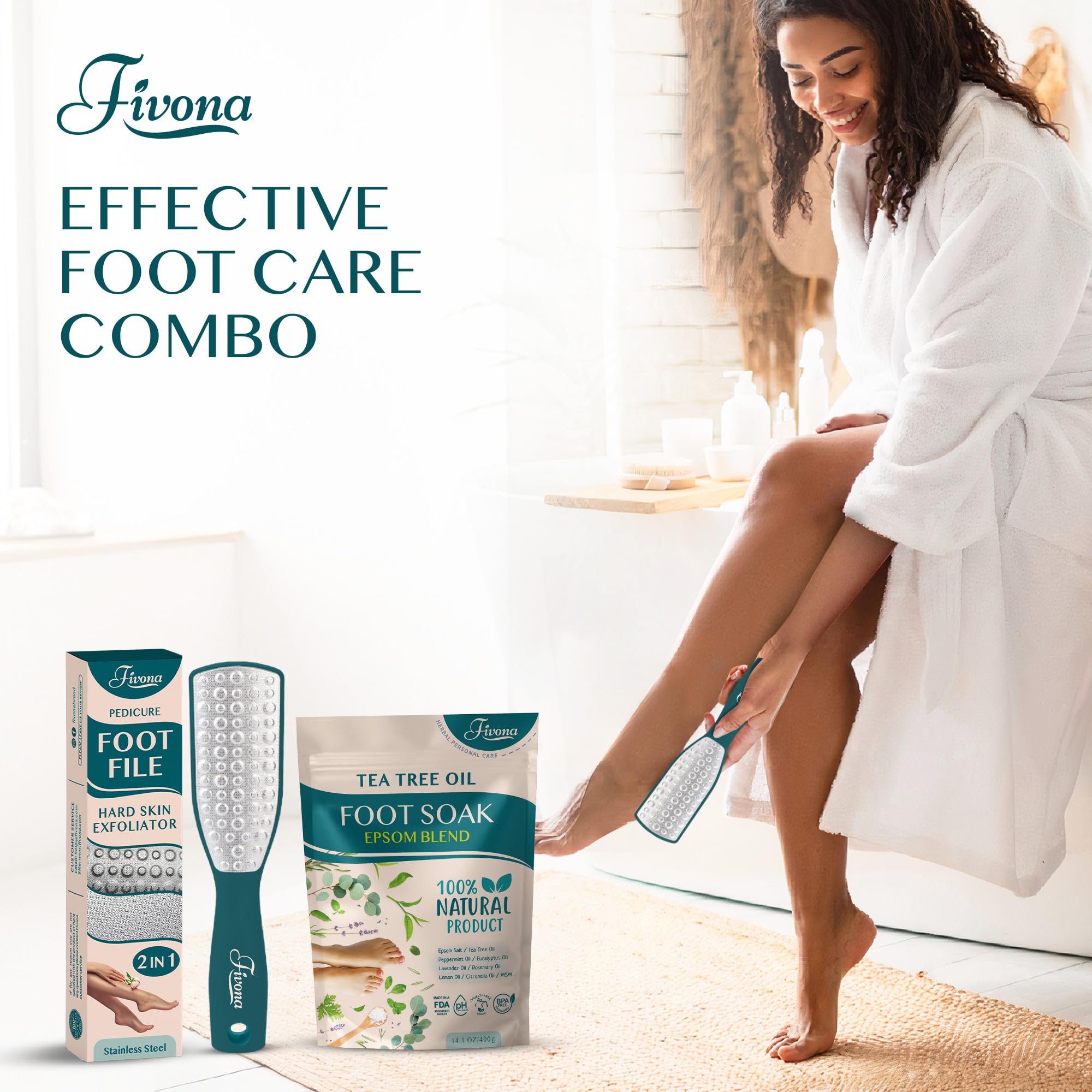 Fivona 2 in 1 Foot Care Kit - Epsom Salt Foot Soak Blend with Tea Tree and Essential Oils - Double-Sided Foot File Stainless Steel Pedicure Tool for Cracked Heels, Callus Remover