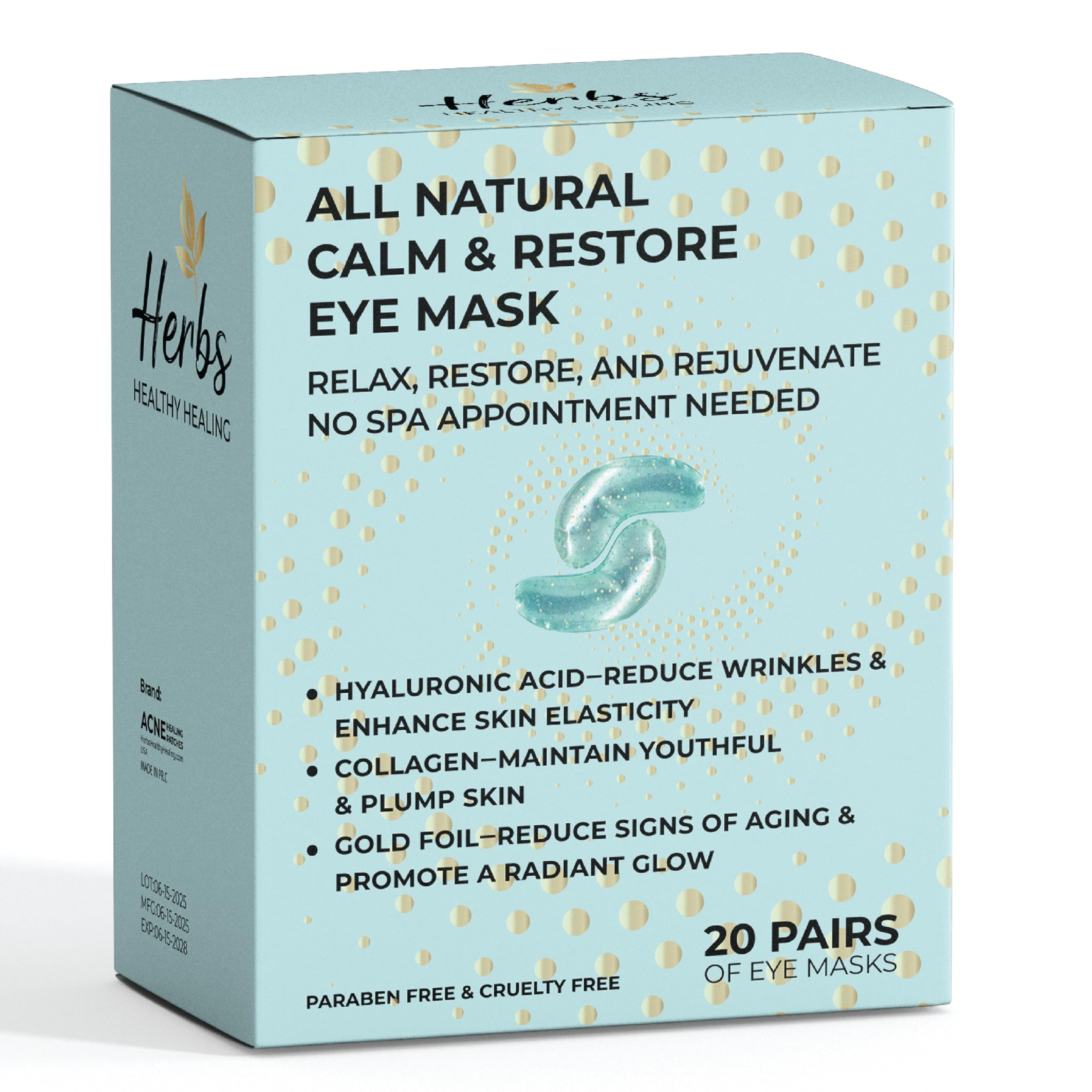 Cornice Herbs Healthy Healing 24K Gold Under Eye Masks – Collagen & Hyaluronic Acid Gel Patches for Dark Circles, Puffiness, Fine Lines – Eye Masks for Women & Men – 20 Pairs, Clean Beauty Skincare