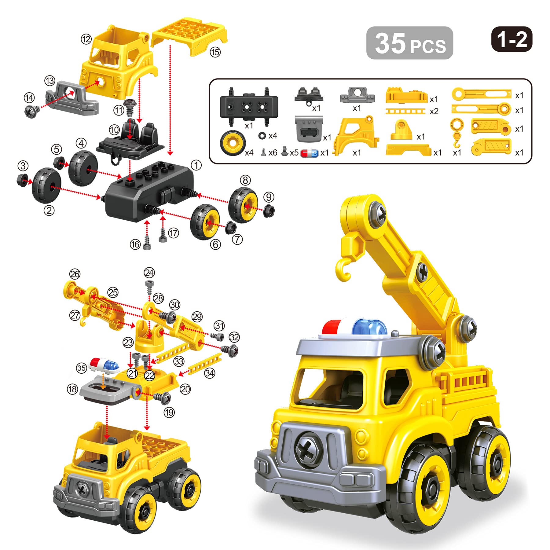 4-in-1 Take Apart Car Toys for Boys, DIY Engineering Construction Truck Toy Vehicle - Dump Truck, Cement Mixer, Excavator, Crane, Kids Building Educational Toy Gift for Age 3 4 5 6 7 8 Year Old Girls