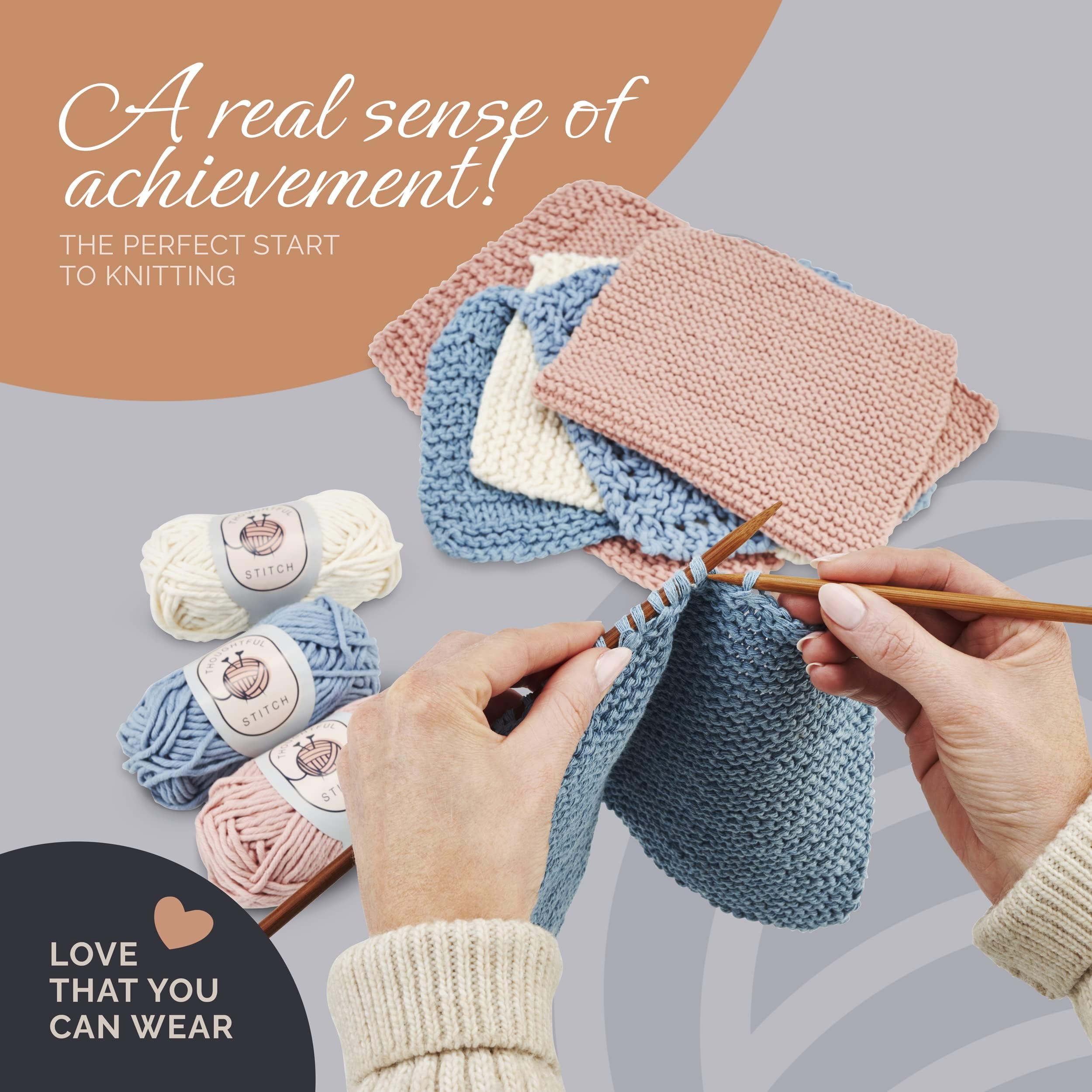 Thoughtful Stitch Knitting Kit for Beginners Adults & Kid Friendly- Complete Knitting Kit - Learn to Knit Yarn Set with Tutorial Book for Adult Hobbies - 100% Cotton Wool & Bamboo Knitting Needle