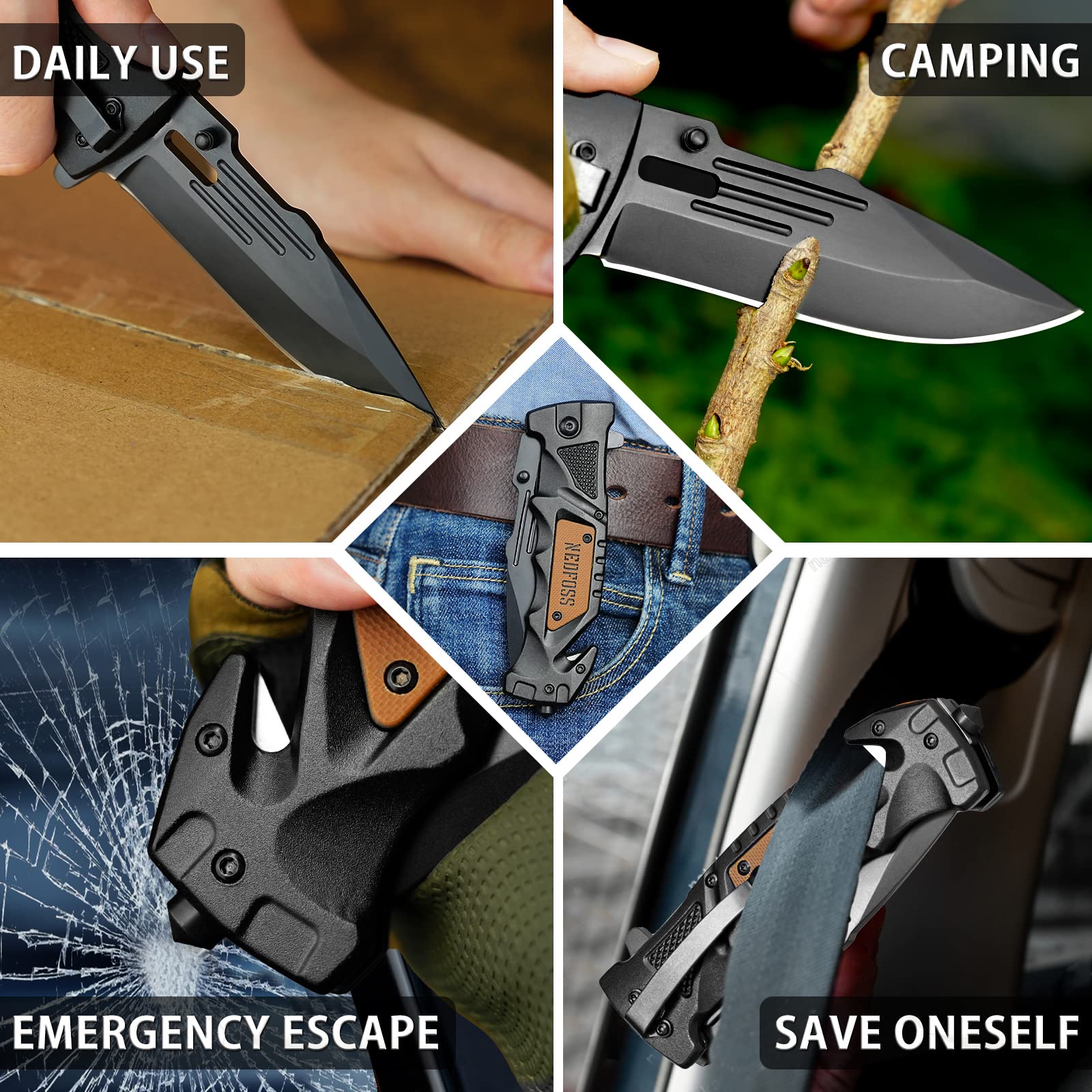 NedFoss Pocket Folding Knife DA75, 3 in 1 Pocket Knife for Men, Survival Knife with Liner-Lock Belt Clip, Seat Belt Cutter, Glass Breaker, Hunting knife for Camping Hiking