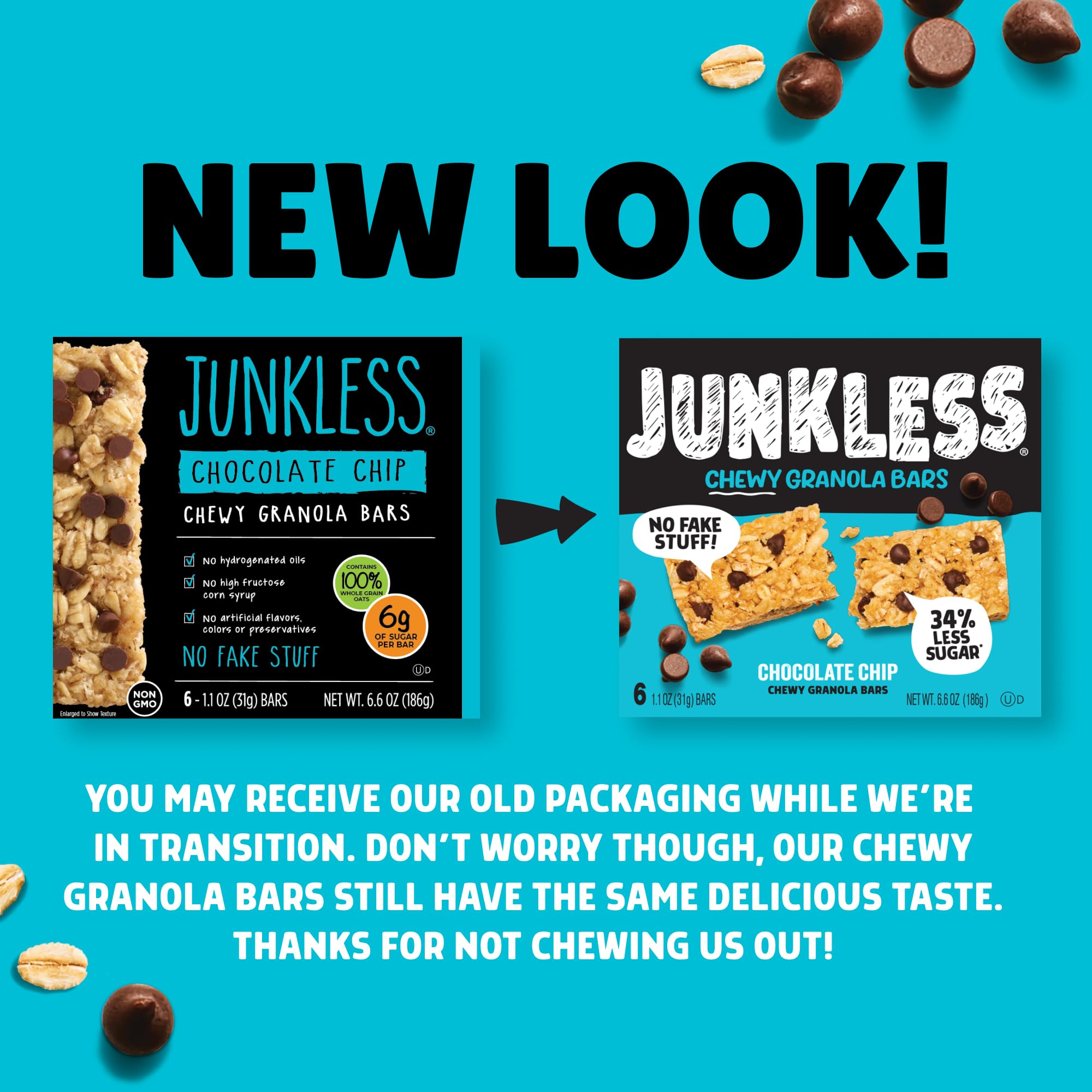 Junkless Chewy Granola Bar 4-Flavor Variety Pack - Chocolate Chip, Double Chocolate, Peanut Butter Chocolate Chip & Real Strawbery - Less Sugar, Great Tasting- Bulk Granola Bars - 1.1 oz. Bars, 4 Boxes