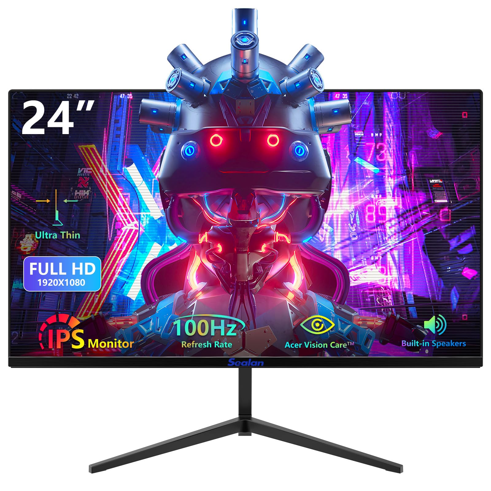 Sealan 24 inch Computer Gaming Monitor Built-in Speakers 100Hz Refresh Rate 16:9 Aspect Ratio Ergonomic Tilt & VESA Compatible - Home Office Sync FHD 1920x1080p Visual Experience for Work & Play