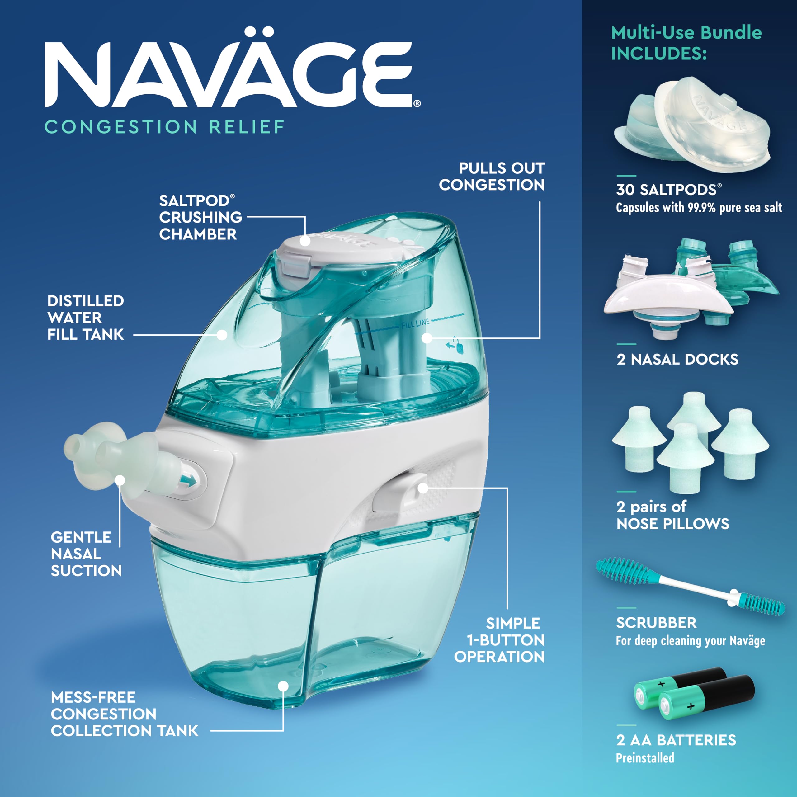 Navage Multi-User Bundle - Navage Nasal Irrigation System - Saline Nasal Rinse Kit with 1 Navage Nose Cleaner, 20 Salt Pods, and Extra Nasal Dock and Pair of Nose Pillows