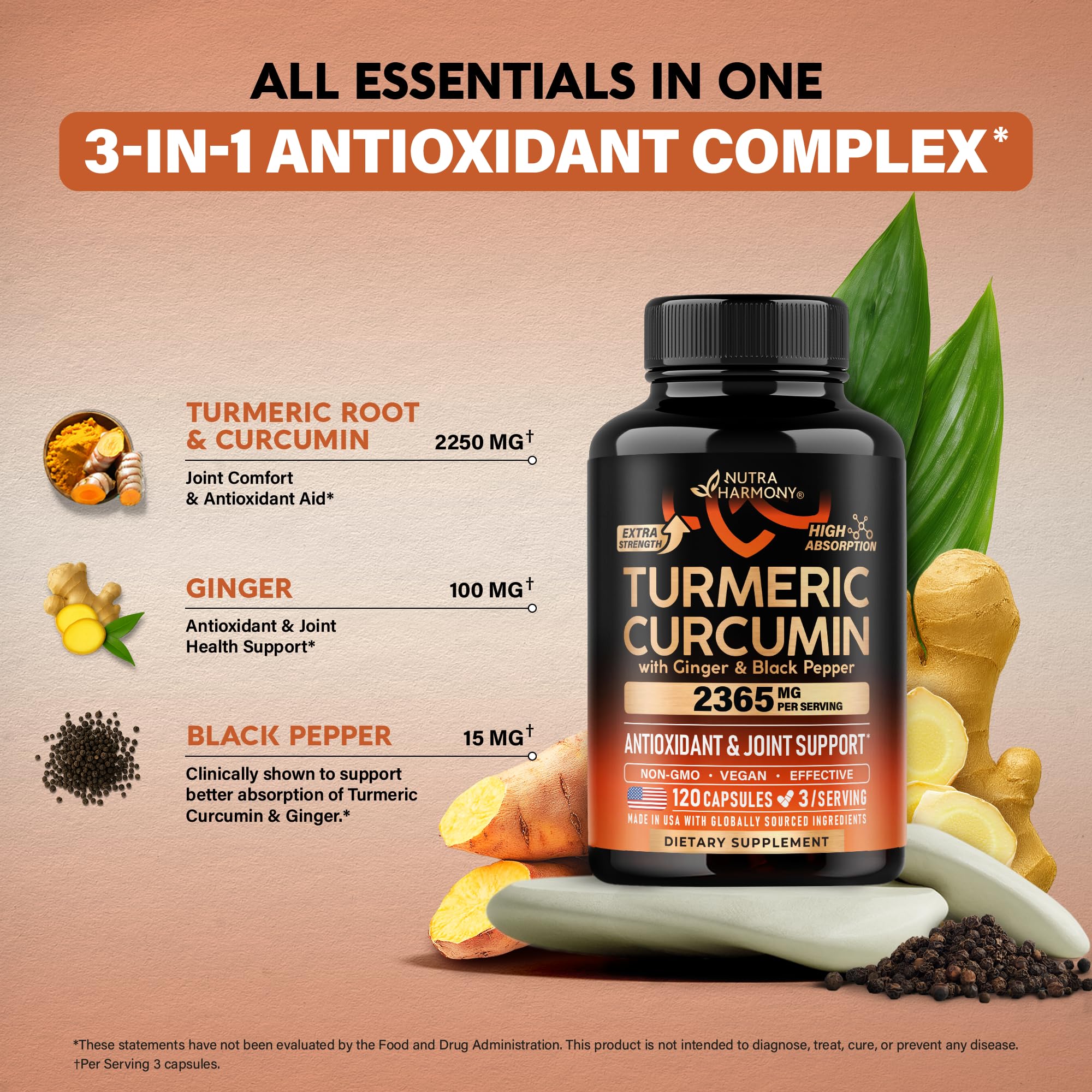 Turmeric Curcumin Supplement 2365 mg - Turmeric with Ginger & Black Pepper - Highly Bioavailable & Extra Strength 95% Curcuminoids - Antioxidant, Immunity & Joint Support - Made in USA - 120 Capsules
