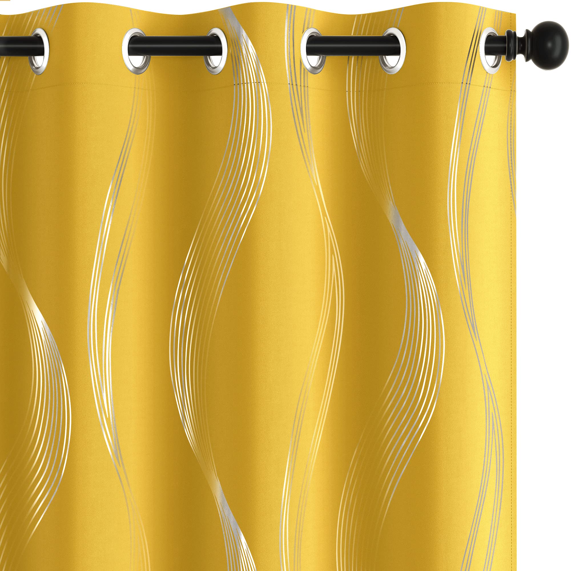 Deconovo Blackout Curtains, Wave Striped Foil Print Room Darkening Curtains, Grommet Curtains for Living Room, 42x90 Inch, Mellow Yellow, 2 Panels