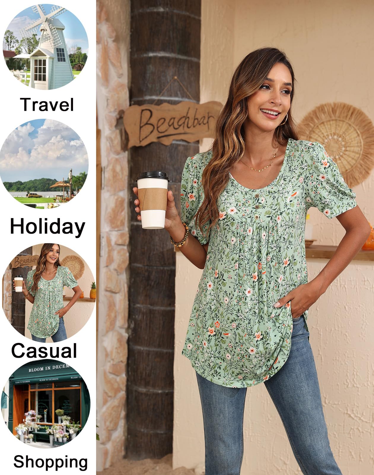 POPYOUNG Women's Tunic Loose Fit Dressy Blouse Ladies Elbow Sleeve Tops Wear with Leggings L, Floral Black