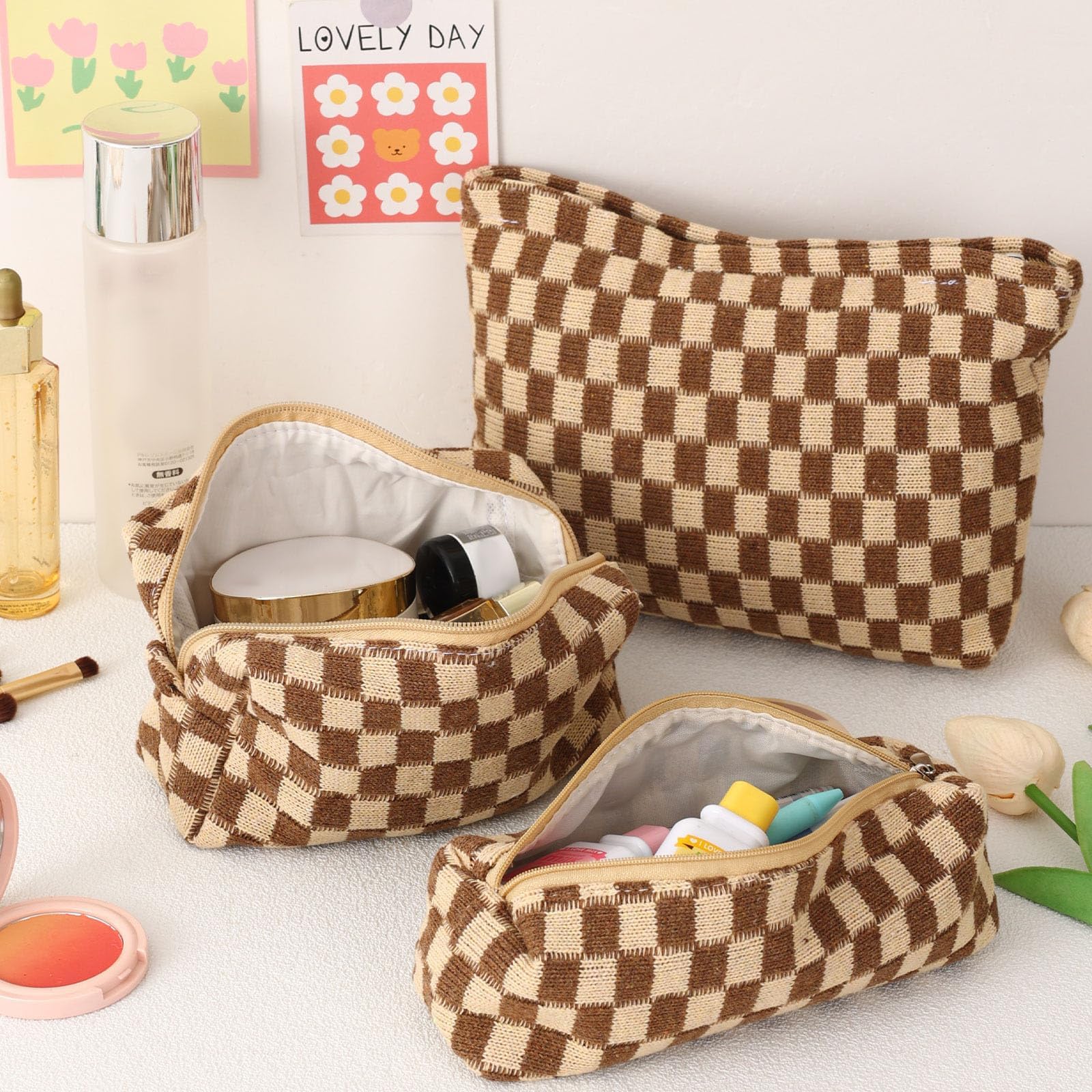 LYDZTION Large Capacity Makeup Bag Set - 3 Pieces Checkered Cosmetic Bag for Women Travel Makeup Bag Organizer Cute Makeup Brushes Storage Bag Travel Toiletry Bag Storage Bag for Women,Brown