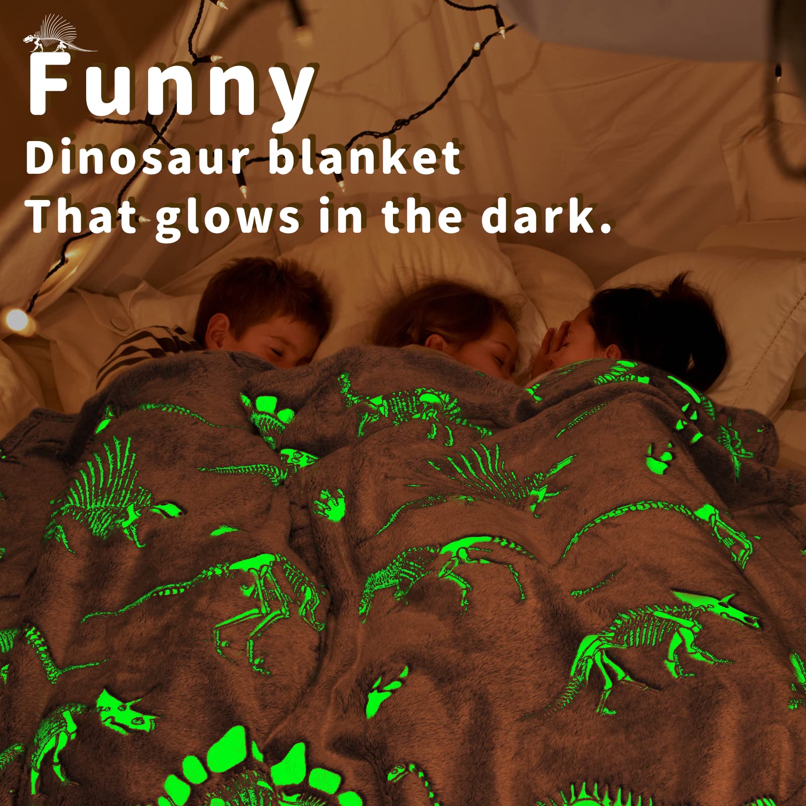 Glow in The Dark Blanket Dinosaur Throw Blanket for Boys Kids Soft Warm Cozy Cute Dino Blanket Unique Dinosaur Toys Gifts Gray Glowing Dinosaur Room Decor Blankets for Girls Teens 50"x60"