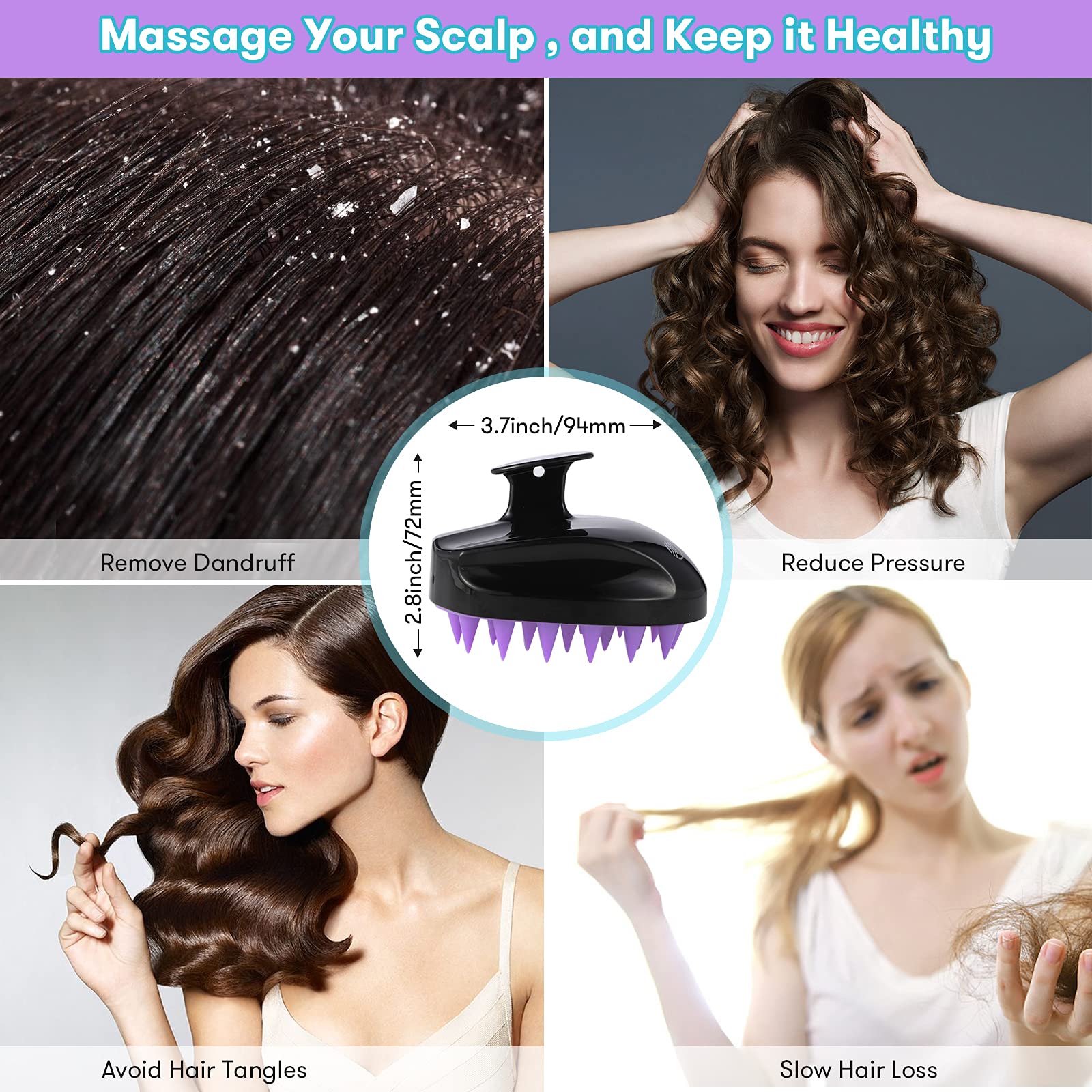 Scalp Massager, Shampoo Brush Hair Scrub Brush for Wet and Dry Hair, Soft Silicone Bristles Head Massager Clean Hair, Reduce Dandruff, Massage Scalp, Promote Hair Growth