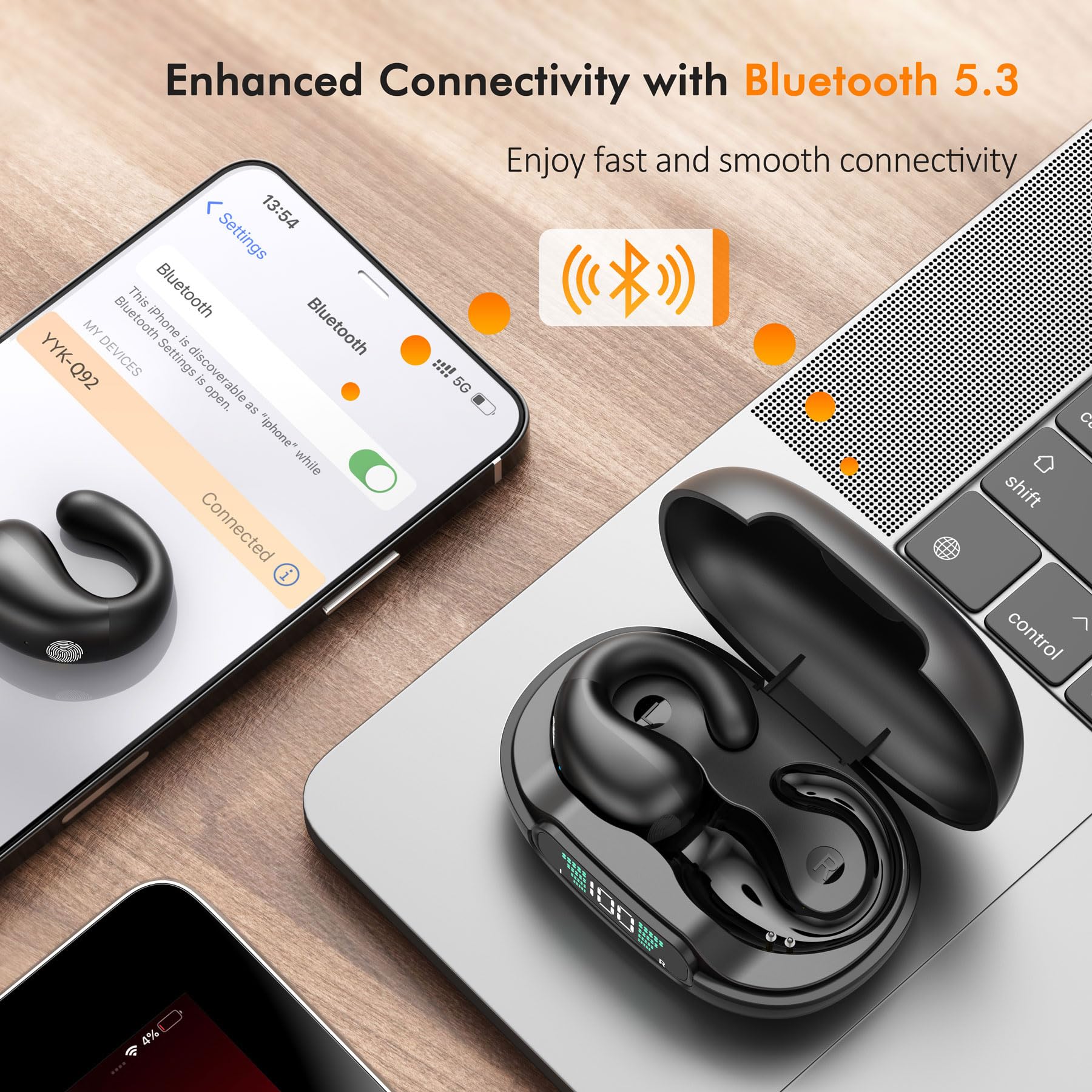 Open Ear Clip on Headphones, Wireless Earbuds Bluetooth 5.3 Sport Earphones Built-in Mic with Ear Hooks 36H Playtime Ear Buds LED Display Charging Case, Waterproof Design for Running Fitness, Black