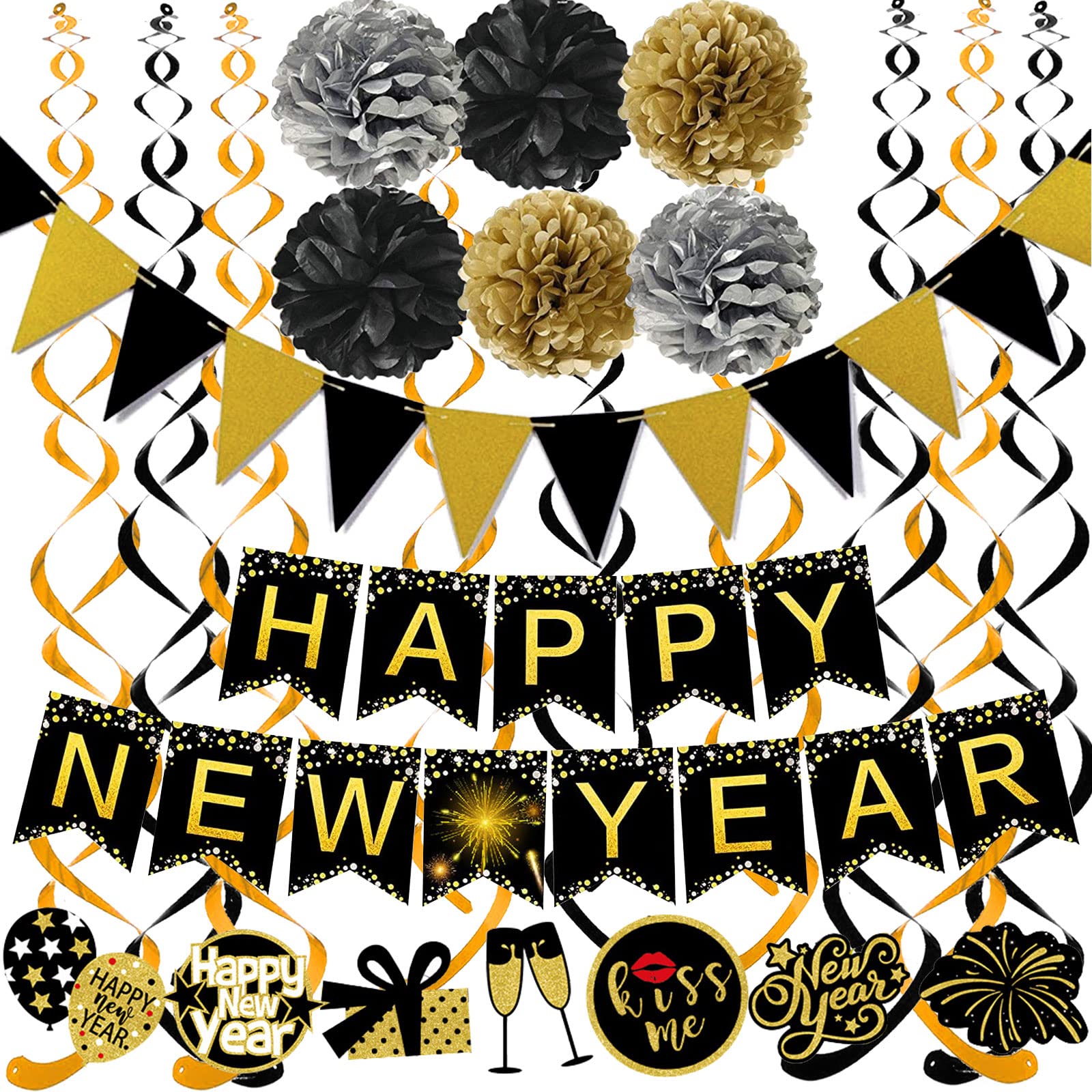 Famoby Happy New Year Banner Pom poms Triangle flag Swirls Garland Hanging Bunting for Happy New Year Party Decorations