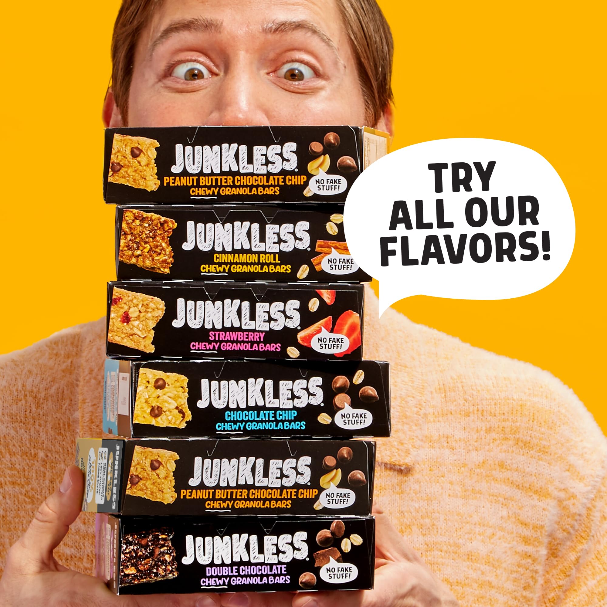 Junkless Chewy Granola Bar 4-Flavor Variety Pack - Chocolate Chip, Double Chocolate, Peanut Butter Chocolate Chip & Real Strawbery - Less Sugar, Great Tasting- Bulk Granola Bars - 1.1 oz. Bars, 4 Boxes