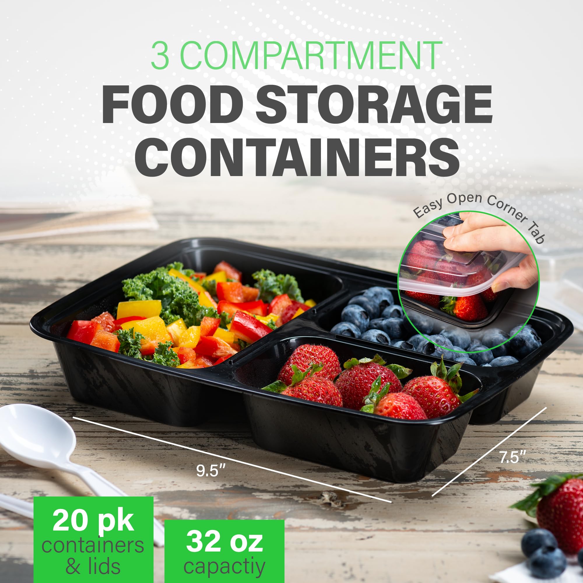 Ez Prepa [20 Pack] 32oz 3 Compartment Meal Prep Containers with Lids - Bento Box - Plastic - Stackable, Reusable, Microwaveable & Dishwasher Safe