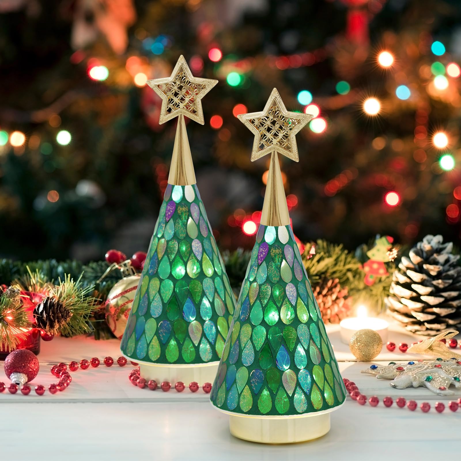 Green Mosaic Glass Christmas Tree, 2 PCS Small Tabletop Christmas Trees with Light, Battery Operated Mini Xmas Tree for Mantel Decor 11"