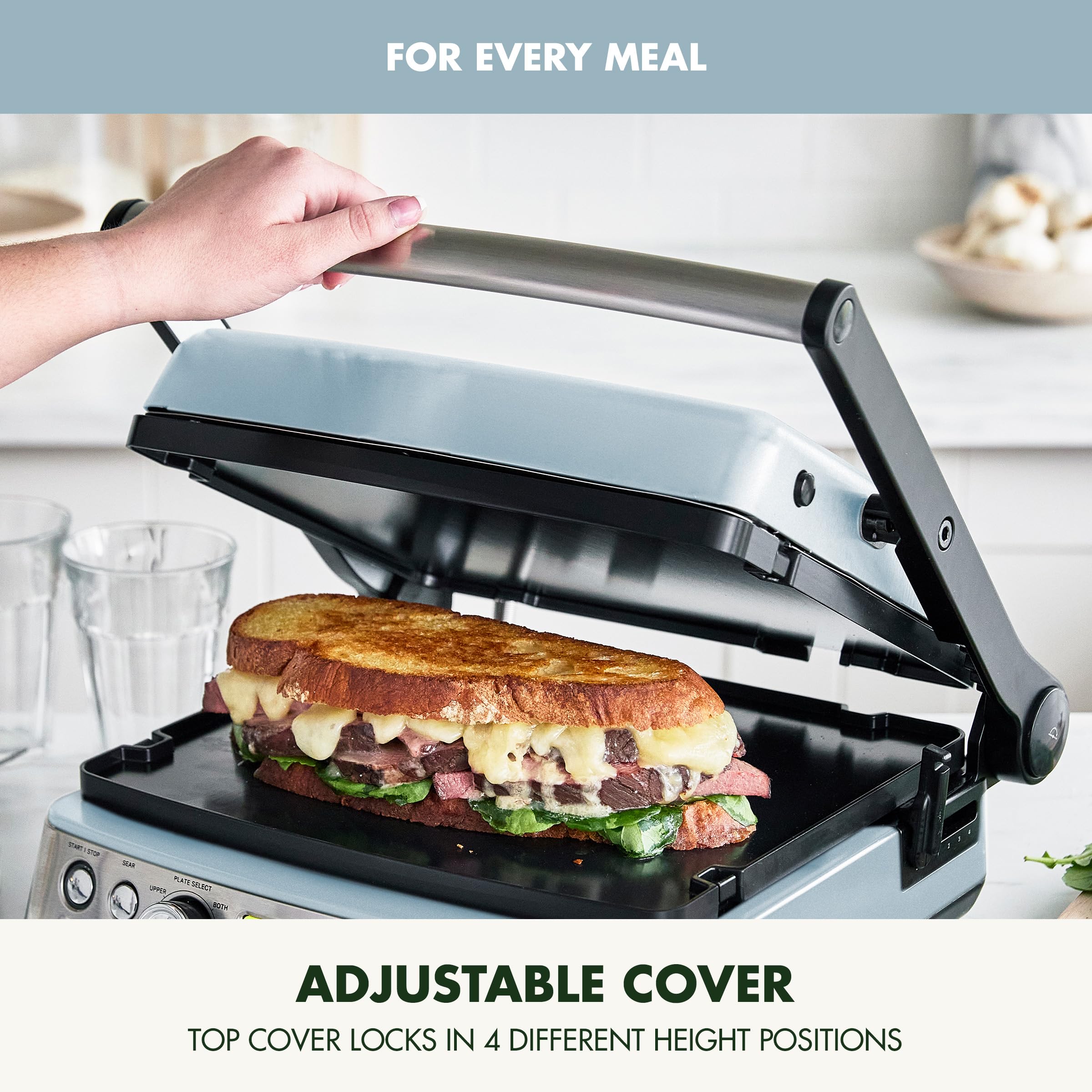 GreenPan Elite 7-in-1 Multi-Function Contact Grill & Griddle, Healthy Ceramic Nonstick Aluminum, Grill & Waffle Plates, Adjustable Shade & Shear, Closed Press/Open Flat Surface, PFAS-Free, Blue Haze