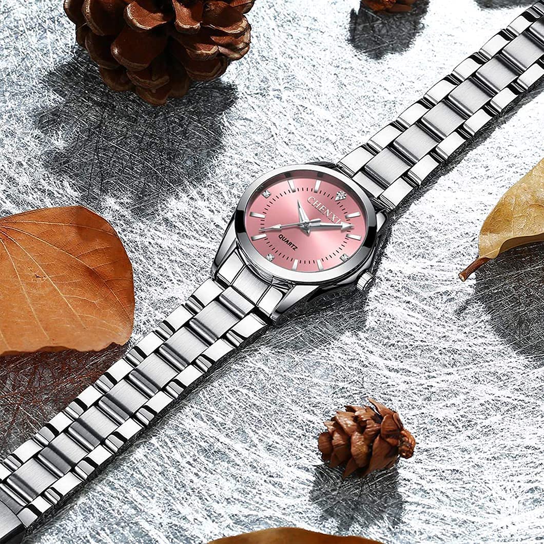 Watches for Women Analog Quartz Silver Stainless Steel Watches Luminous Waterproof Ladies Dress Watch (021pink)