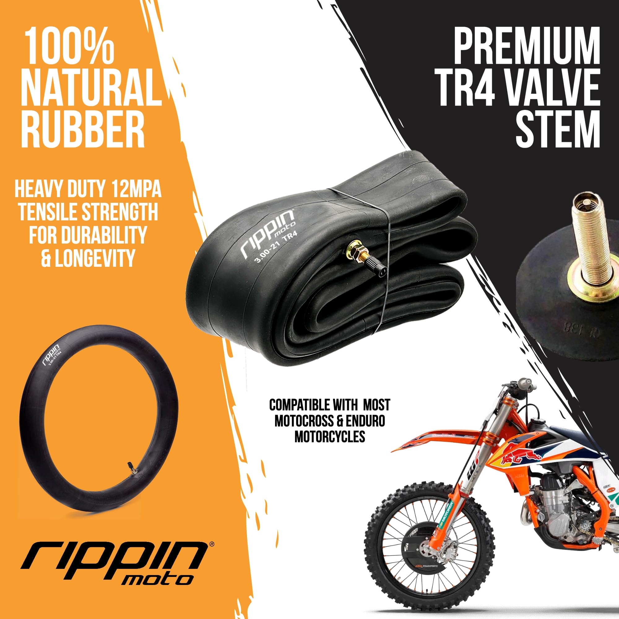 Rippin Moto 90/90-21 or 80/100-21 (3.00 X 21) Heavy Duty Motorcycle Tube - Premium 3MM Thick Natural Rubber - TR4 Valve - Fits Most 21" Motocross and Dirt Bike Tires (3.00-21)