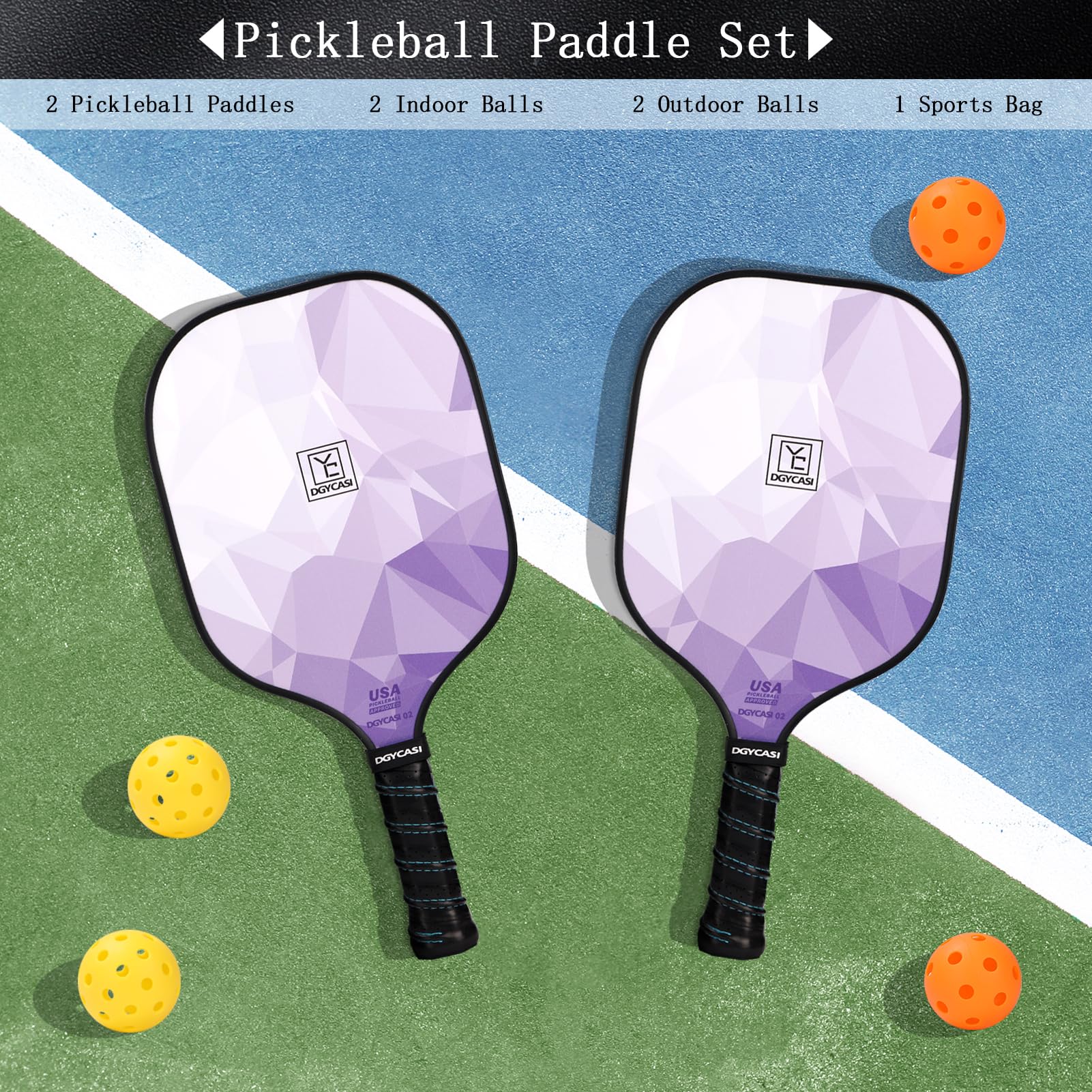 Pickleball Paddles Set of 2, USAPA Approved, Fiberglass Surface, Polypropylene Honeycomb Core, Anti-Slip Sweat-Absorbing Grip, 2 Outdoor Pickleball, 2 Indoor Pickleball, Portable Carry Bag (Purple)