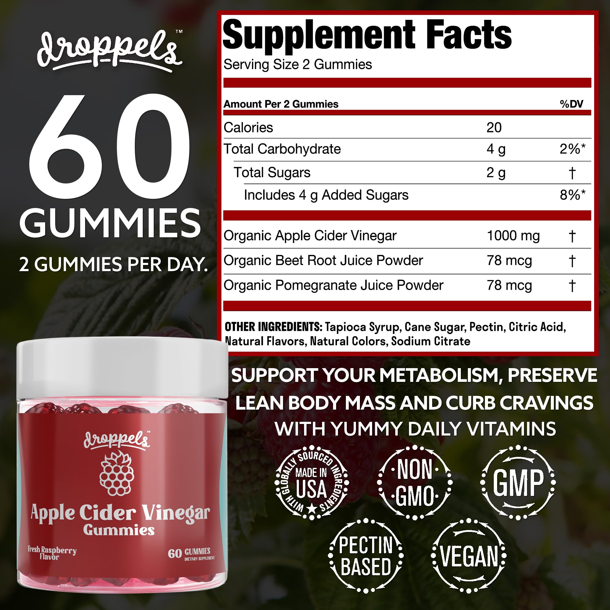 Droppels Apple Cider Vinegar Gummies 1000mg with Beet Root & Pomegranate