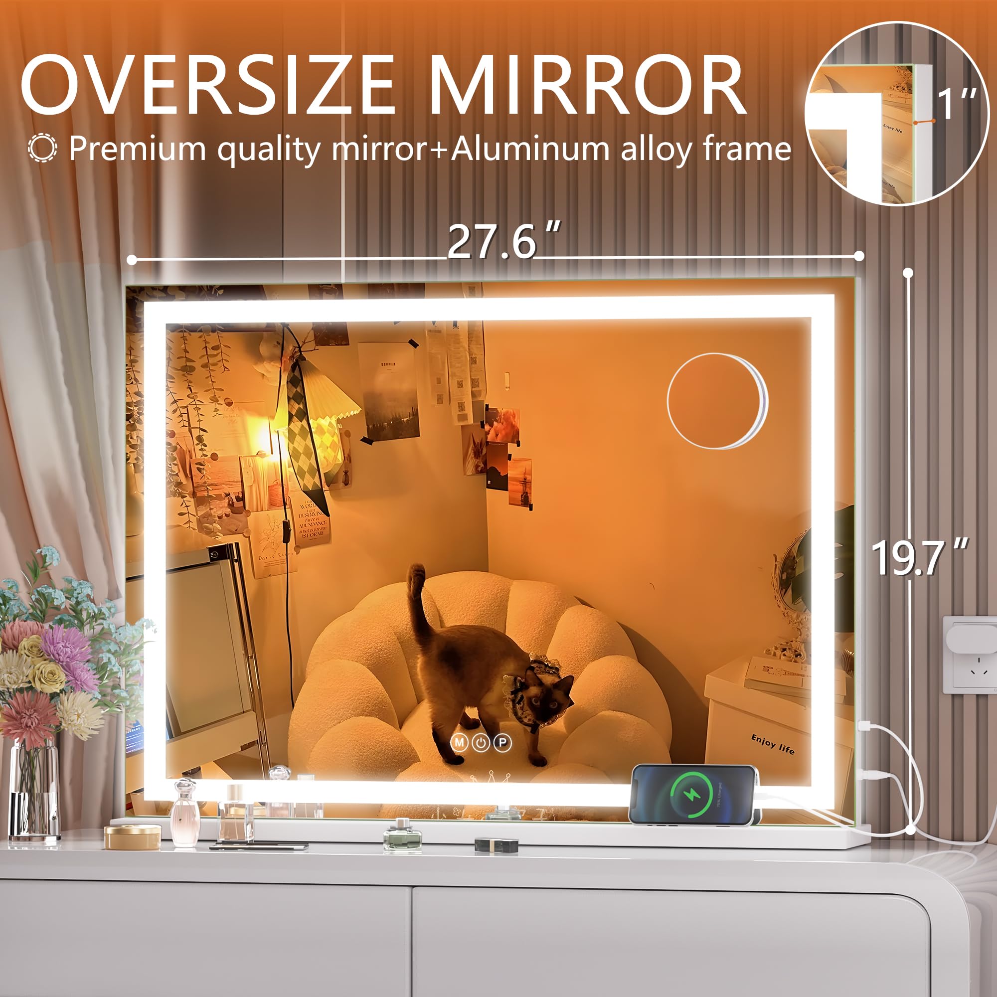 Hasipu Vanity Mirror with Lights, 28" x 20" LED Makeup Mirror, Lighted Makeup Mirror with Dimmable 3 Modes, Touch Screen Control Vanity Mirror Square White