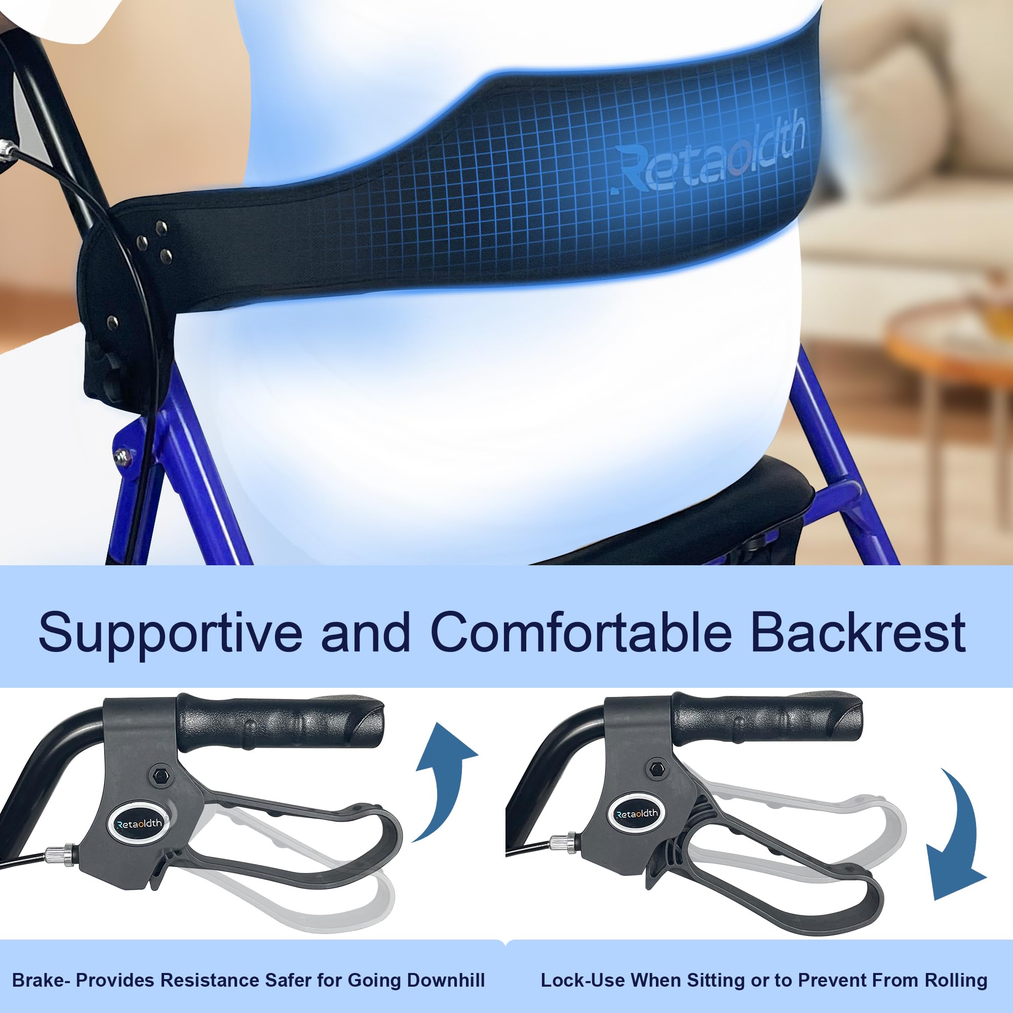 Foldable Rollator Walker with Seat for Seniors, Easy Folding & One-Hand Carry, Walkers for Seniors-All-Terrain Wheels, Height Adjustable Lightweight Rolling Walker for Elderly, Blue