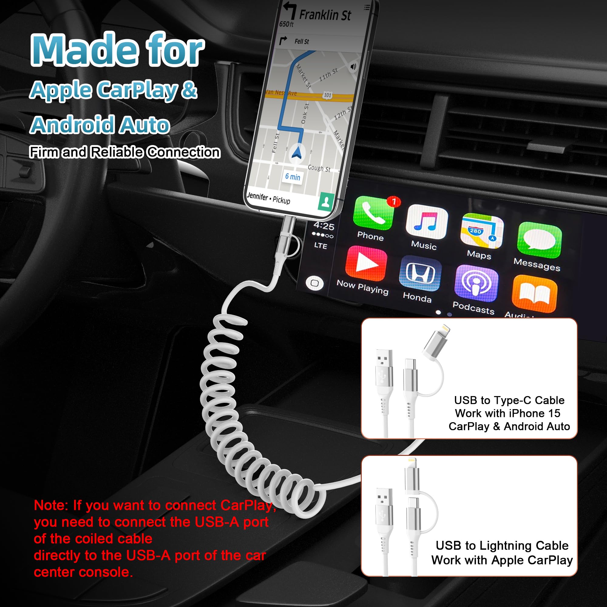 USB to USB-C and Lightning Cable Combo 2 in 1 Coiled Cable Apple Carplay & Android Auto Compatible[MFi, 3A Fast Charge, Data Sync] Coiled Lightning and USB C Cable for iPhone 16/15/14/13/Android,White