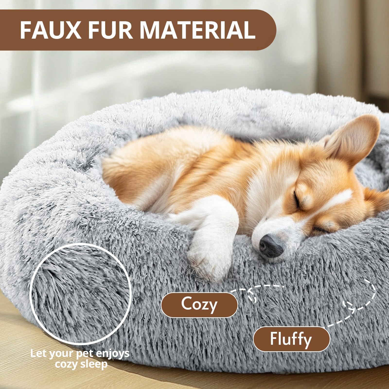 JOLLYVOGUE Donut Dog Bed, Comfort Round Dog Bed, Anti-Anxiety Calming Cuddler Dog & Cat Bed, Fluffy Faux Fur Cushion Bed for Small Medium Dogs and Cats, 20"