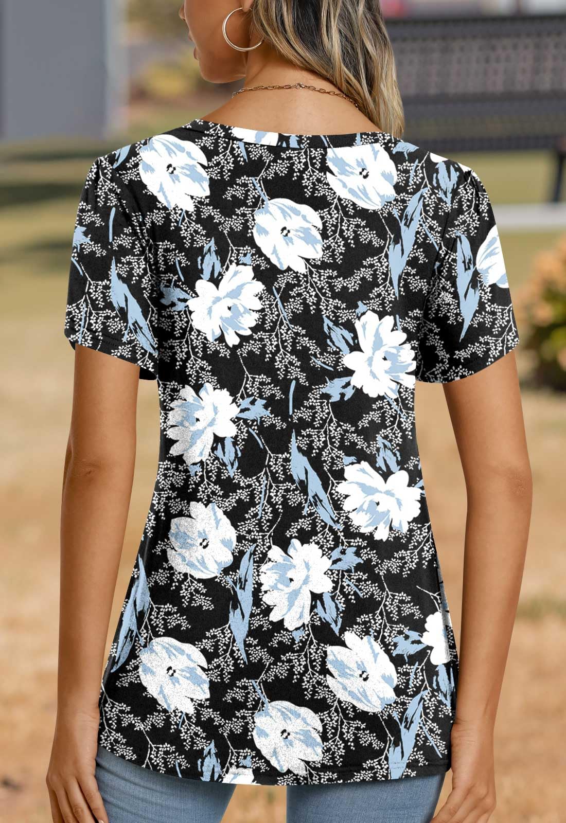 CATHY 2025 Womens Tops Summer Short Sleeve T-Shirts Casual V Neck Tunic Blouse for Leggings Floral White Lily Large