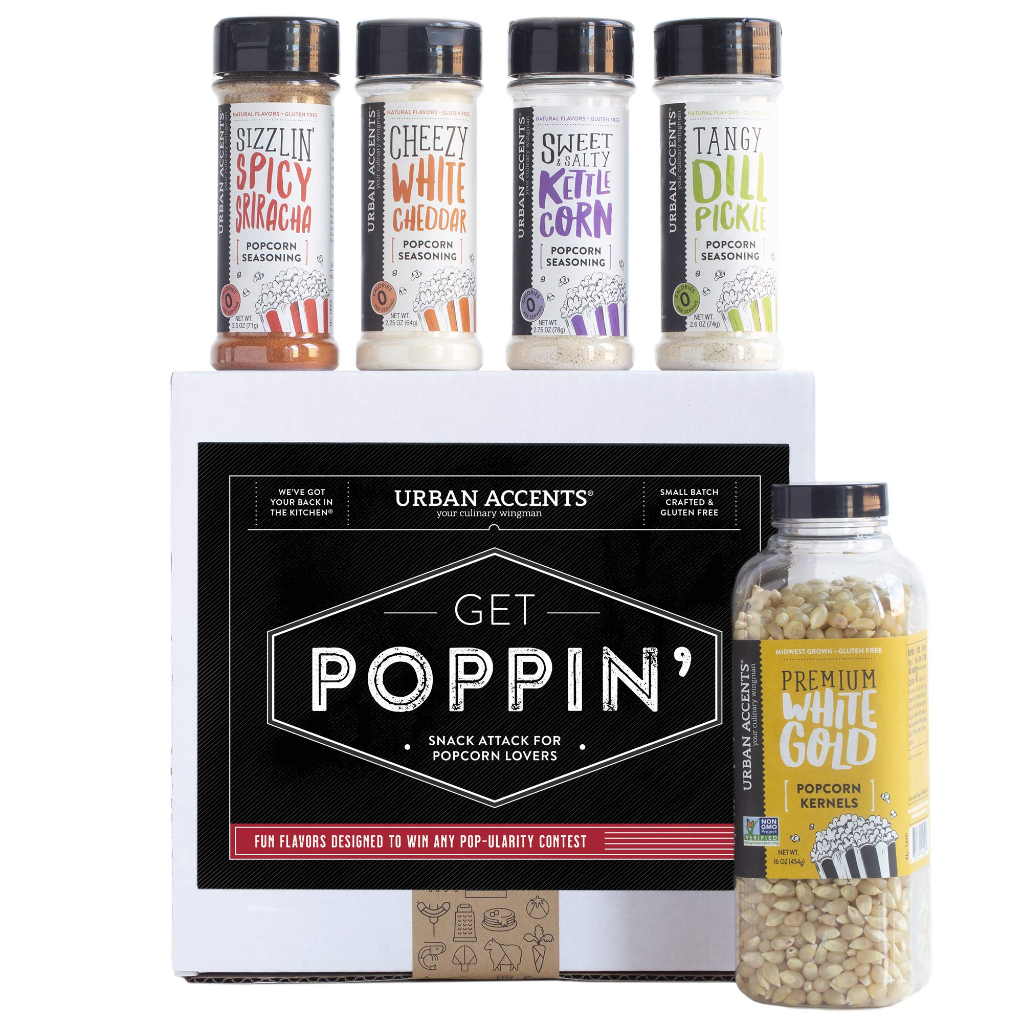 Urban Accents GET POPPIN', Gourmet Popcorn Seasoning Gift Set (Set of 5) - Delicious Non-GMO Popcorn Kernels and 4 Gourmet Popcorn & Snack Mix Seasonings