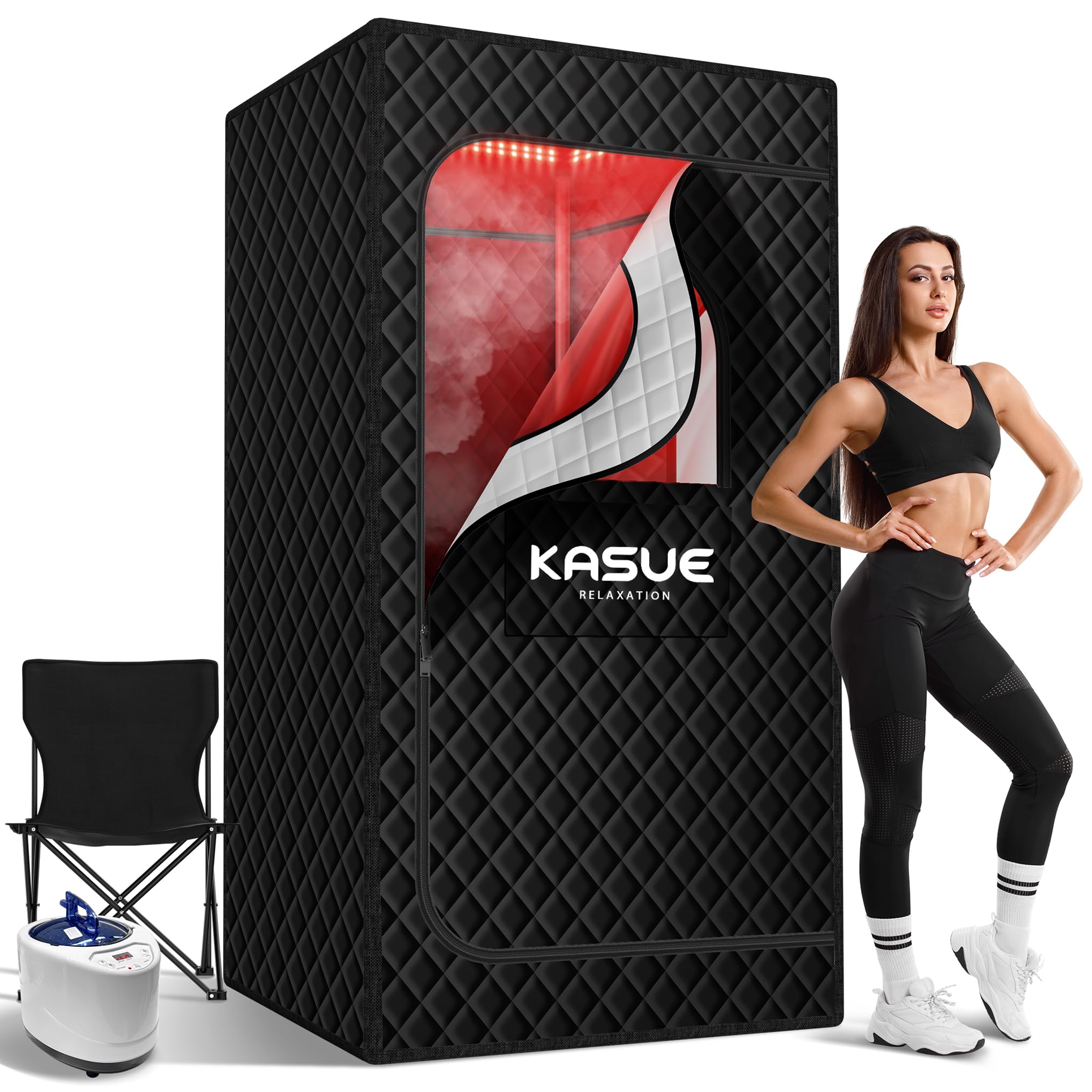 KASUE Upgraded Infrared Sauna Box for Relaxation,Detoxification,Portable Steam Sauna for Home with XL Steamer,Folding Chair,Multiple Layered Full Body Sauna Tent for Spa,Indoor,Outdoor,Gym-Black