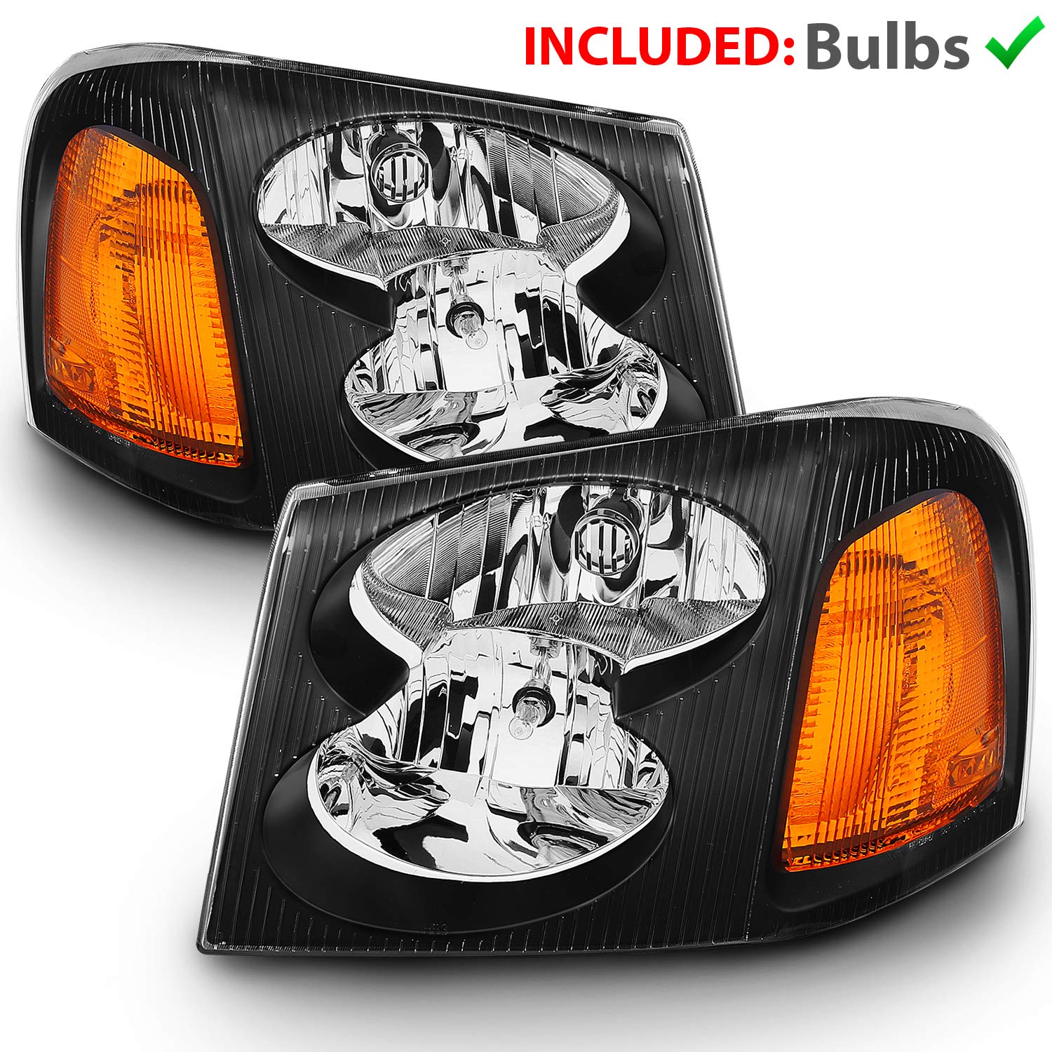 AmeriLite Black Replacement Headlights Set For GMC Envoy - Passenger and Driver Side with Hi/Lo Beam Bulbs