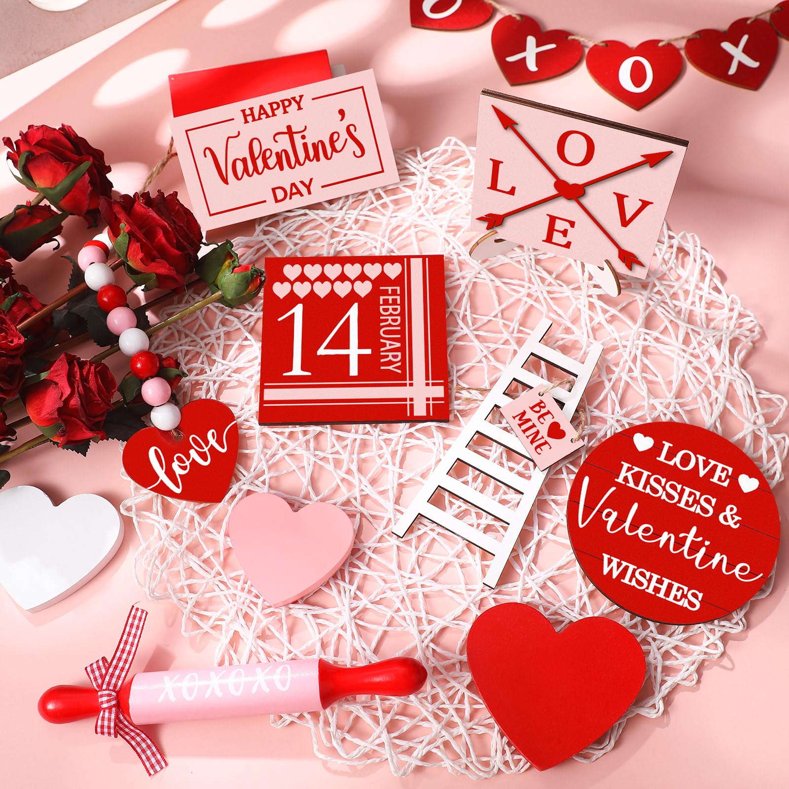 Spiareal 15 Pcs Valentine's Day Tiered Tray Decor Set Red Heart Wooden Signs Valentines Table Decorations Farmhouse Decorative Trays Signs for Home Kitchen Tabletop Valentine's Day Decorations