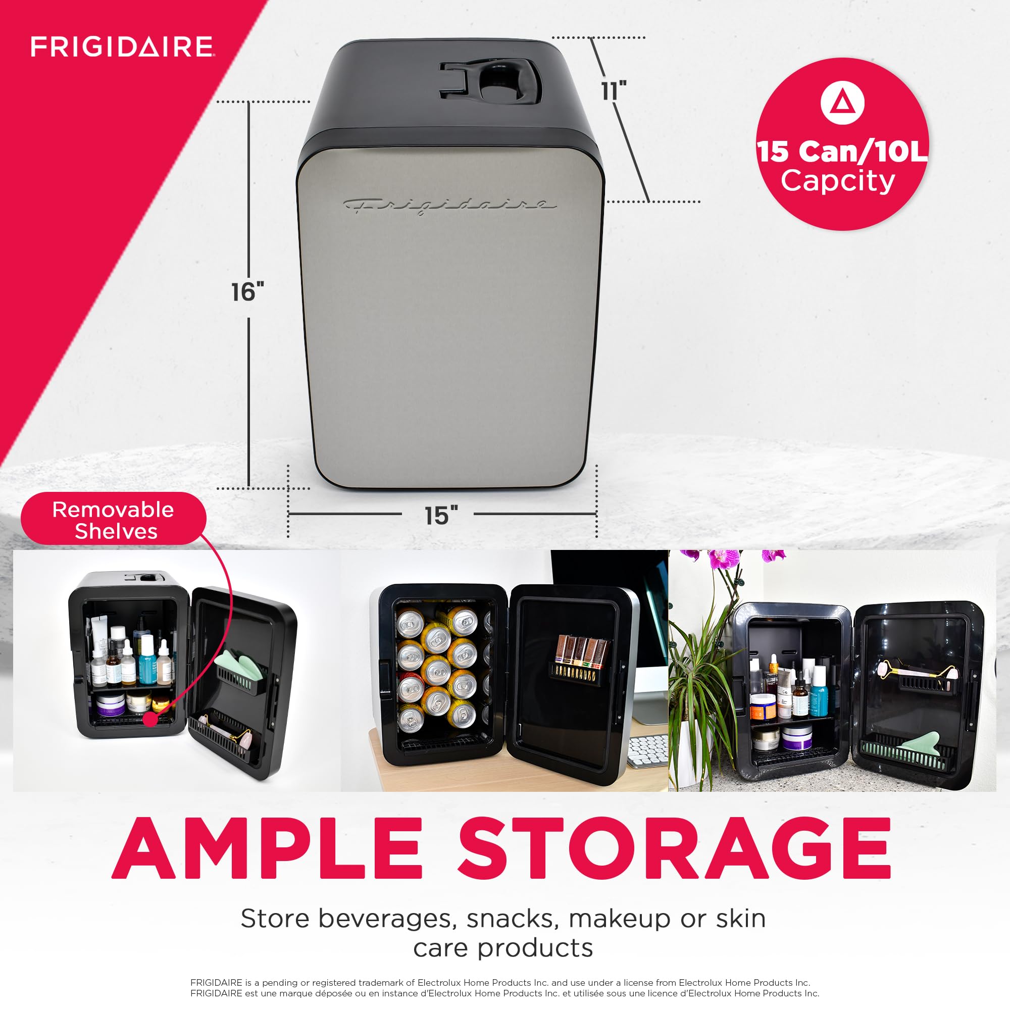 Frigidaire EFMIS188-SS 15 Can Mini Portable Fridge Cooler, 10L, 15-can Capacity, Brushed Stainless Rugged Finish