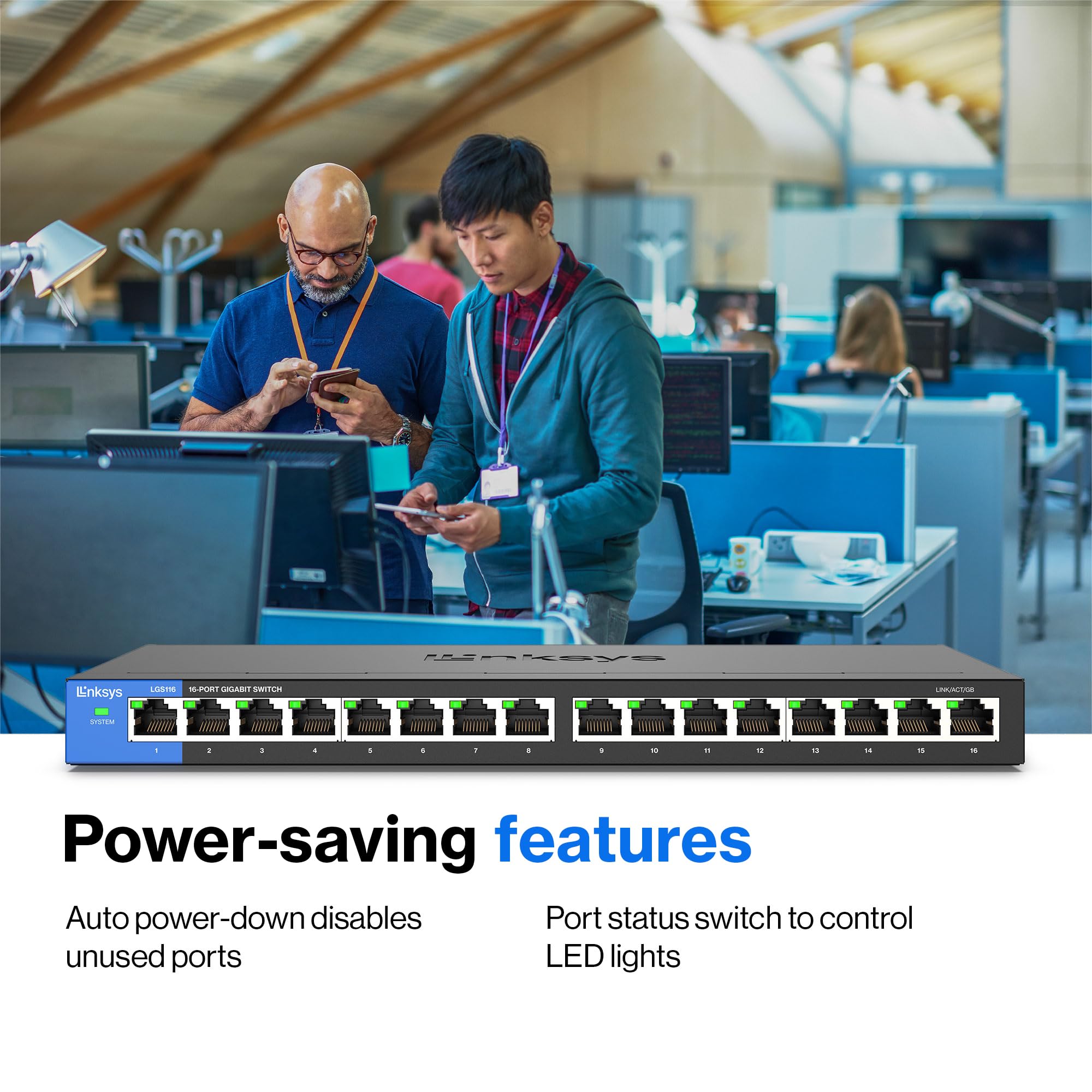 Linksys LGS116 16 Port Gigabit Unmanaged Network Switch - Home / Office Ethernet Switch Hub with Metal Housing - Wall Mount or Desktop Ethernet Splitter, Easy Plug & Play Connection
