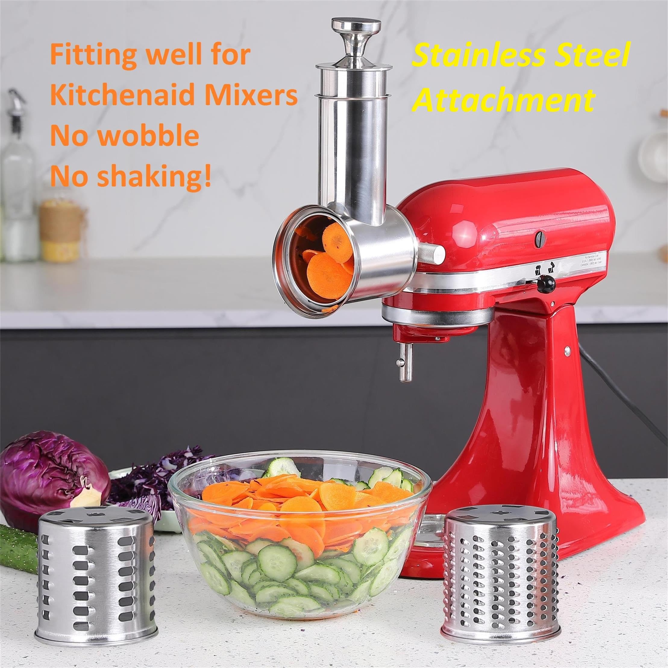 FavorKit Large Stainless Steel Slicer Shredder Attachment for KitchenAid Mixers, Dishwasher Safe, Rotary Salad Maker/Cheese Grater Accessories with 3 Drum Blades and 1 Knob Thumb Screw