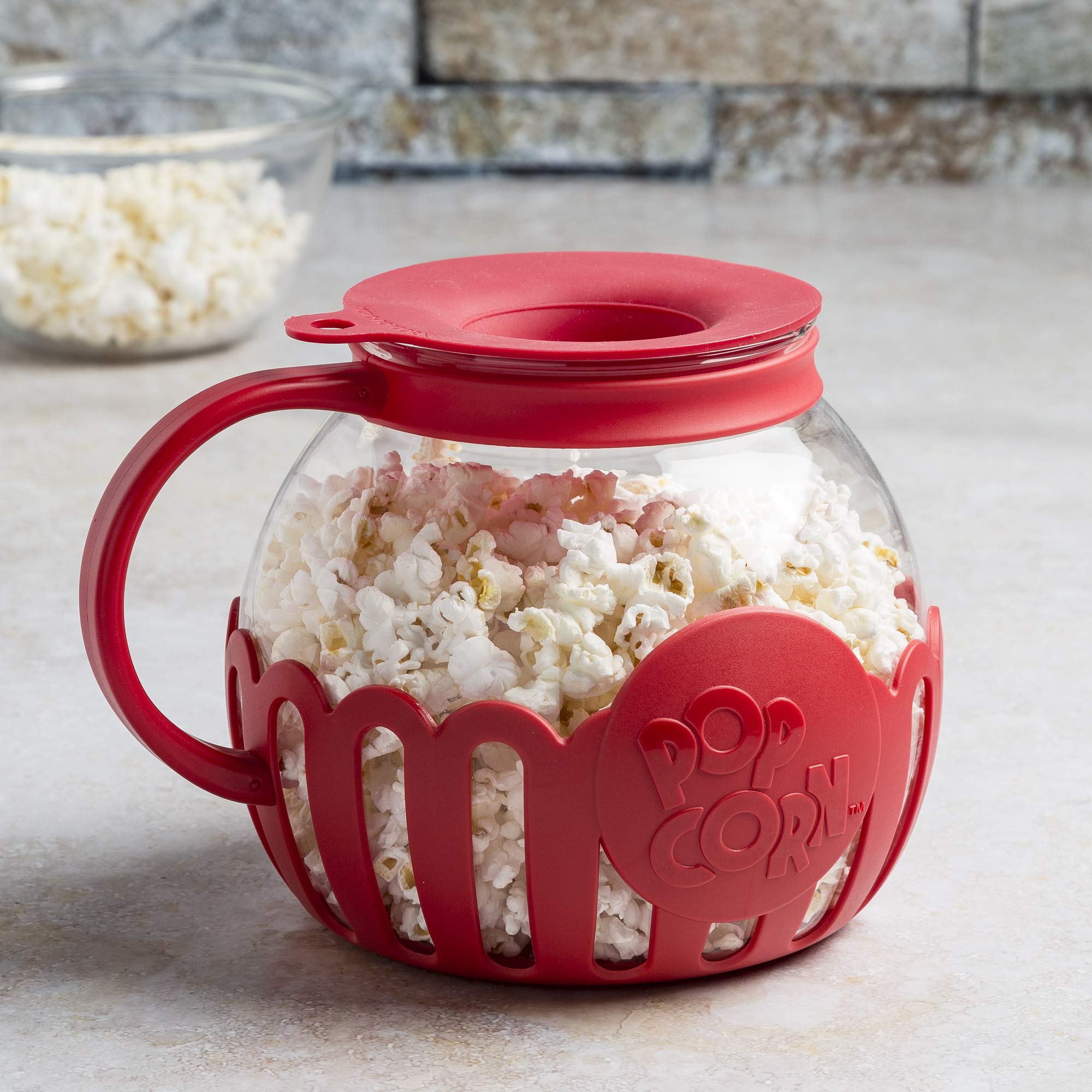 Ecolution Patented Micro-Pop Microwave Popcorn Popper with Temperature Safe Glass, 3-in-1 Lid Measures Kernels and Melts Butter, Made Without BPA, Dishwasher Safe, 1.5-Quart, Red